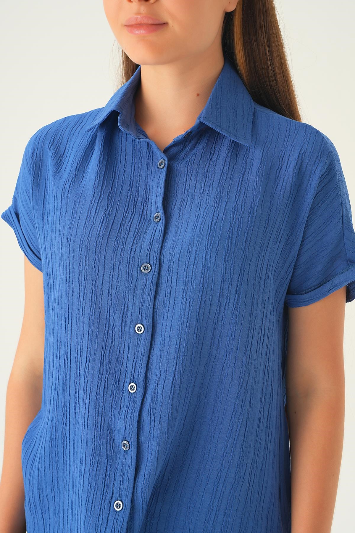 İndigo Kısa Kol Oversize Gömlek 4163A