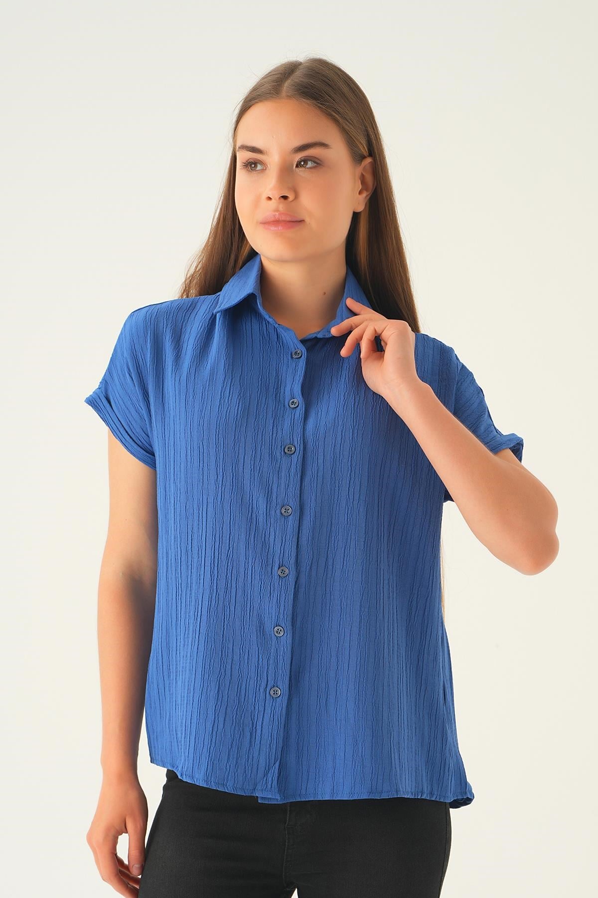 İndigo Kısa Kol Oversize Gömlek 4163A