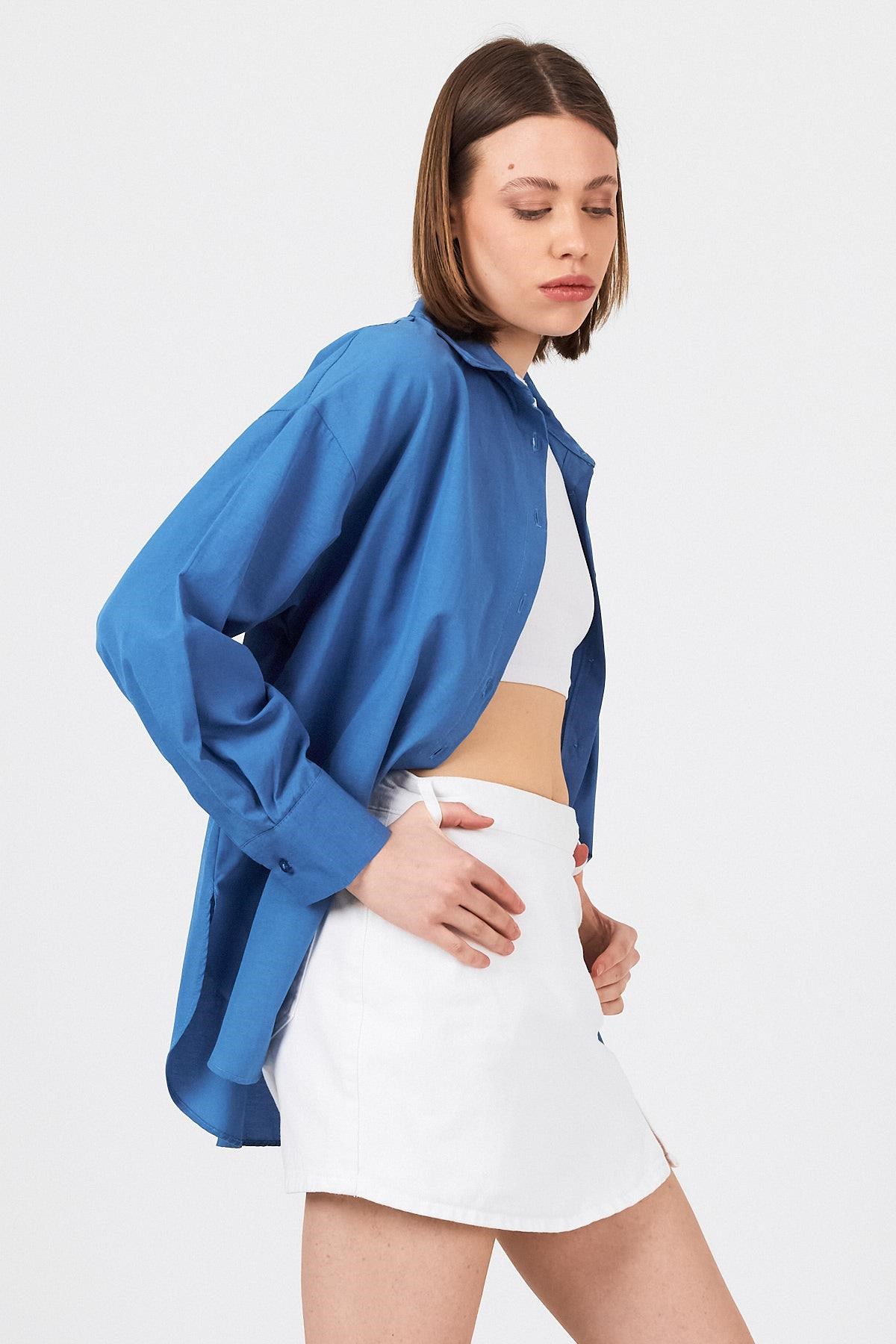 İndigo Oversize Basic Uzun Gömlek 4664A