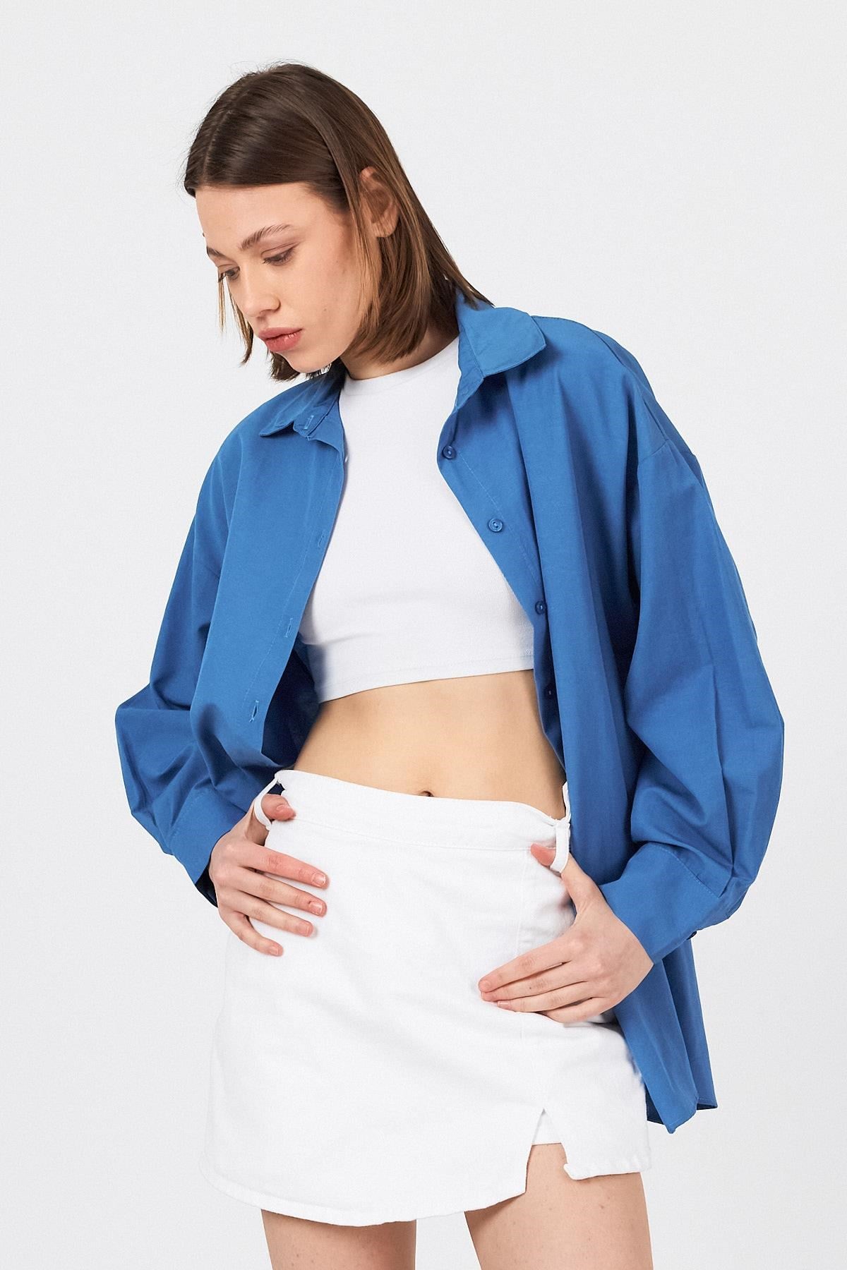 İndigo Oversize Basic Uzun Gömlek 4664A