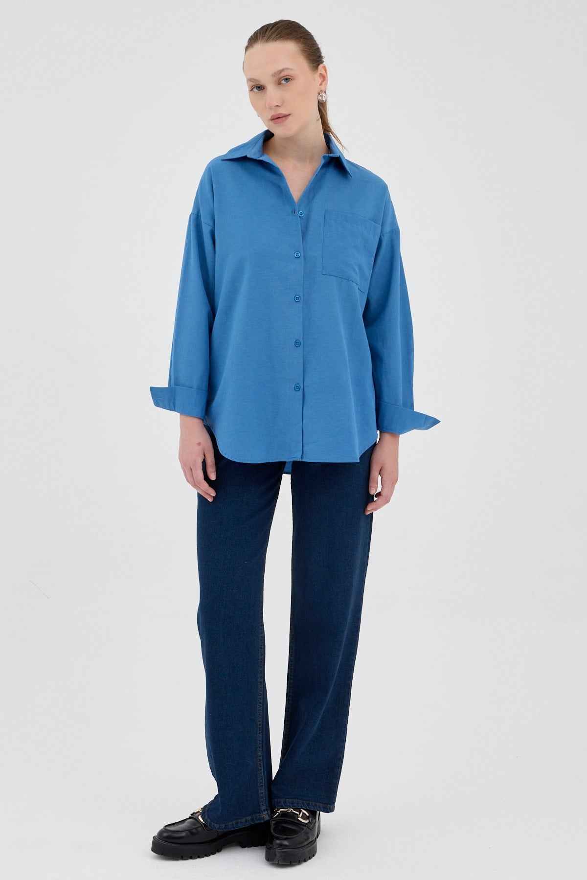 İndigo Tek Cepli Oversize Gömlek 8158A