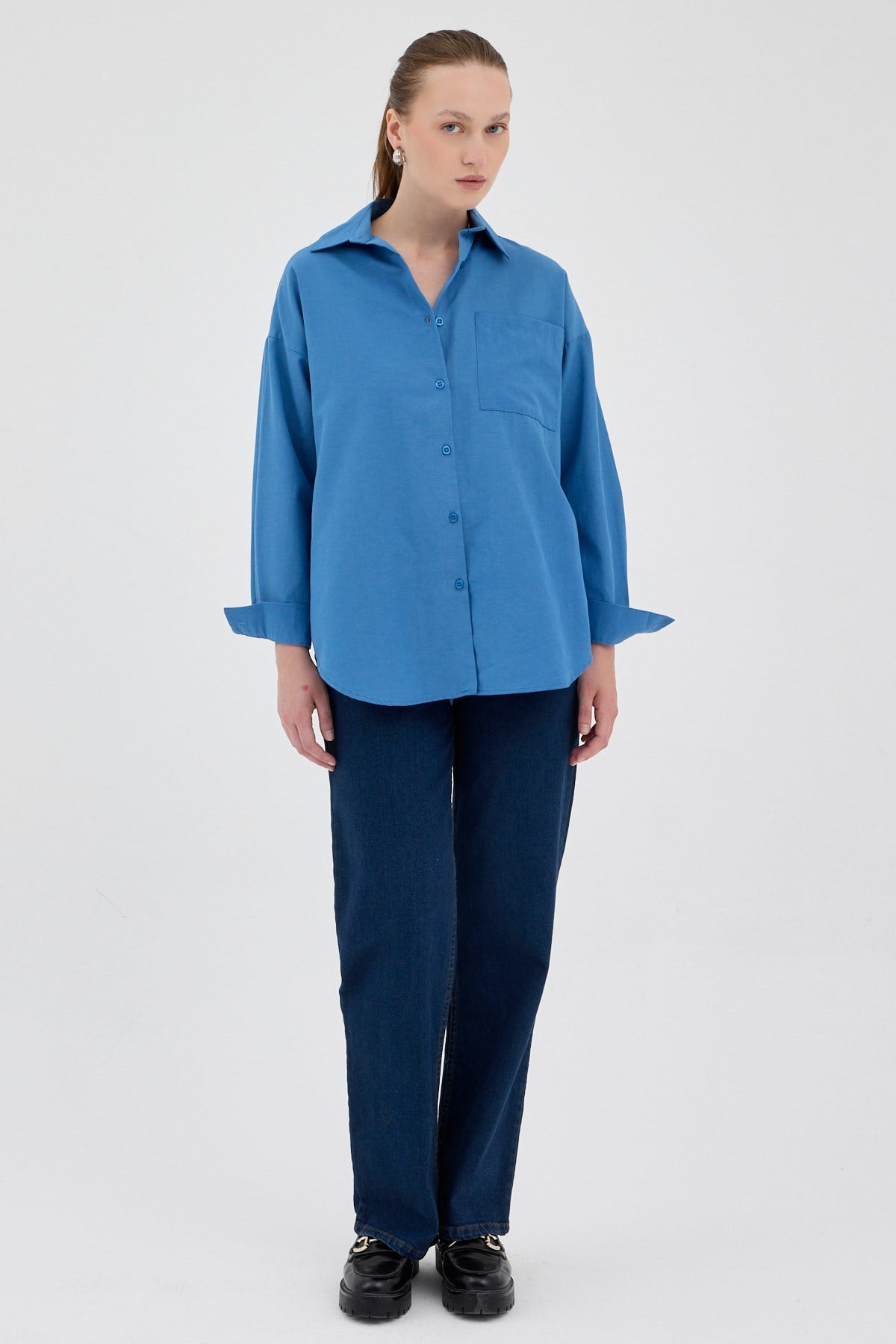 İndigo Tek Cepli Oversize Gömlek 8158A