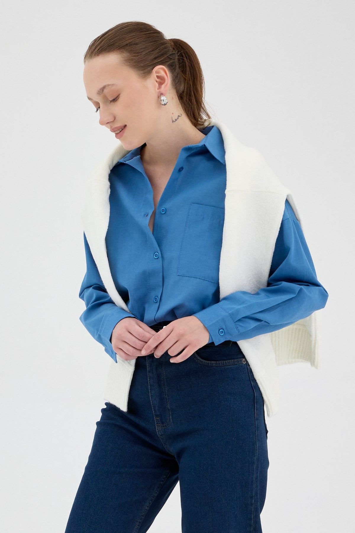 İndigo Tek Cepli Oversize Gömlek 8158A