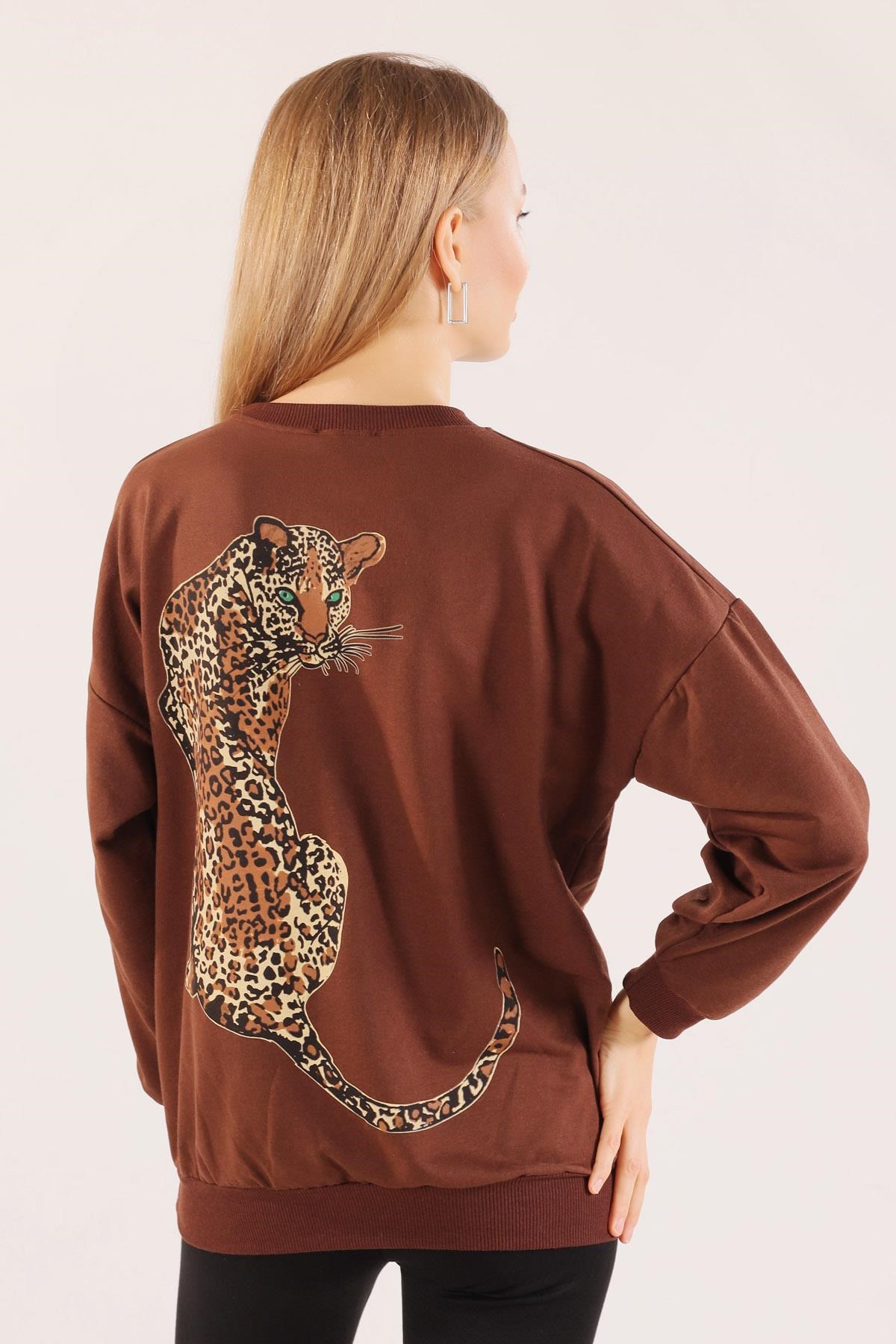 Kahve Arkası Kaplan Baskı Sweat 8632