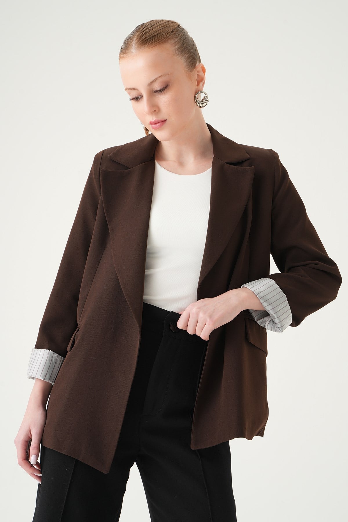 Kahve Astarlı Çizgili Ceket 8403A