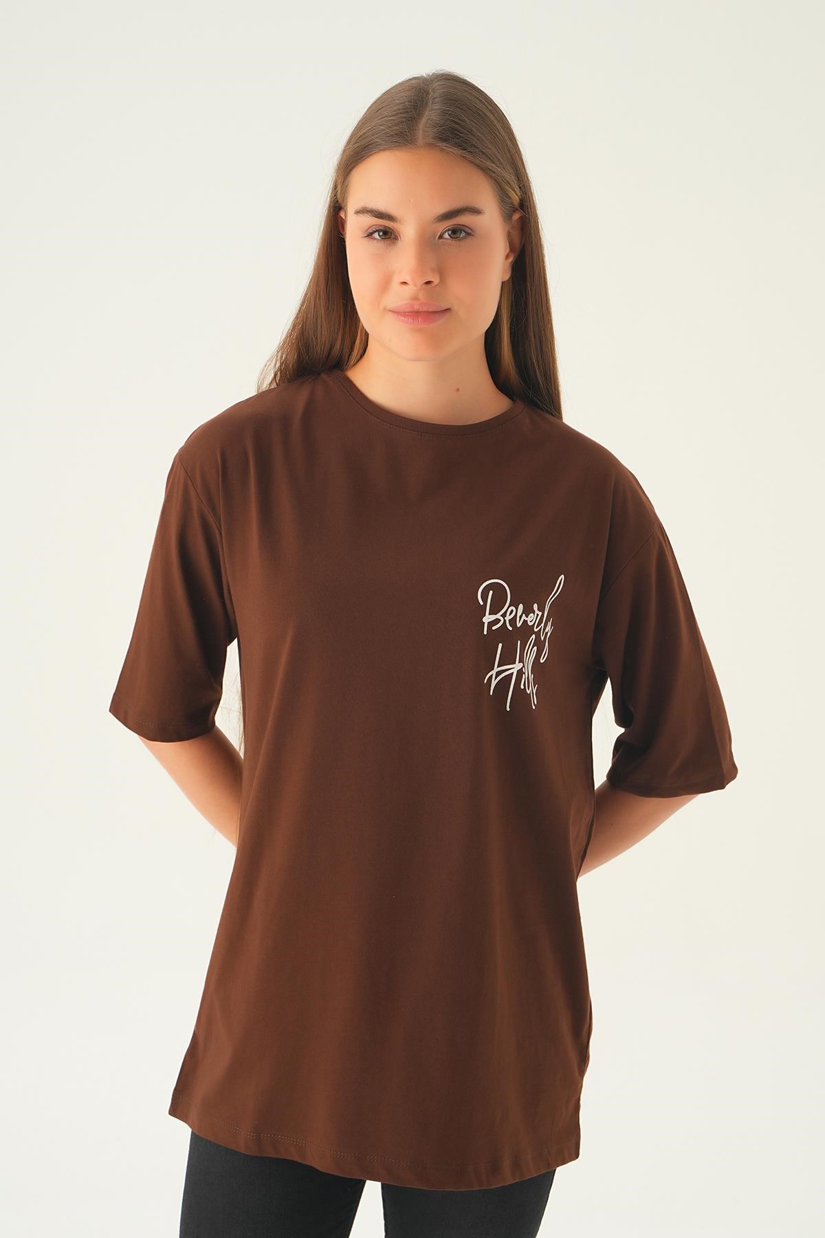Kahve Baskılı Oversize Tişört 1707