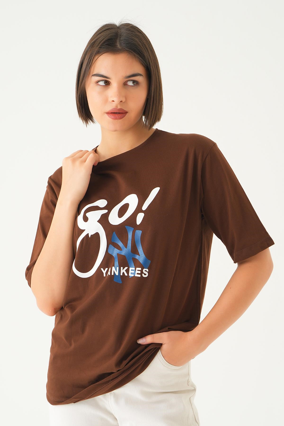 Kahve Baskılı Oversize Tişört 1709