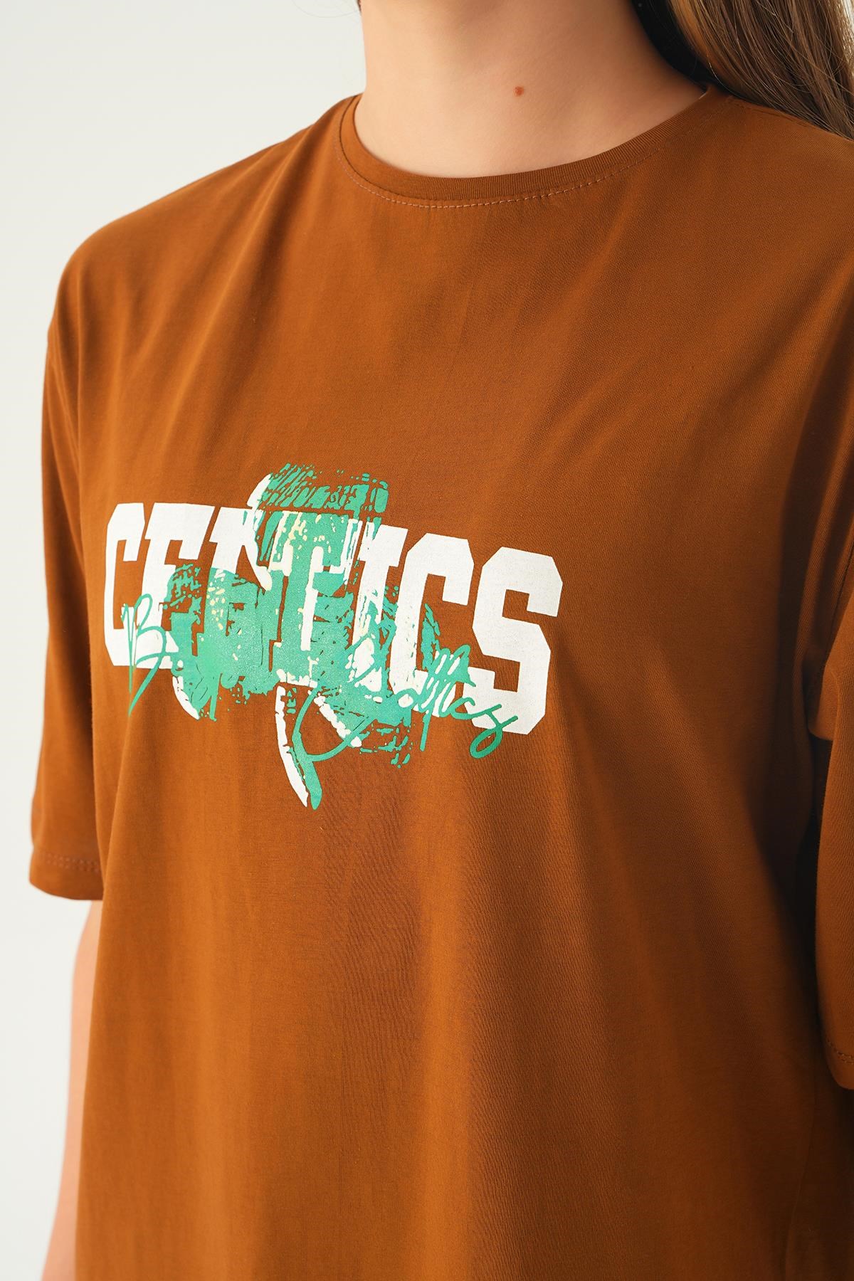 Kahve Celtıcs Baskı Oversize Tişört 1701