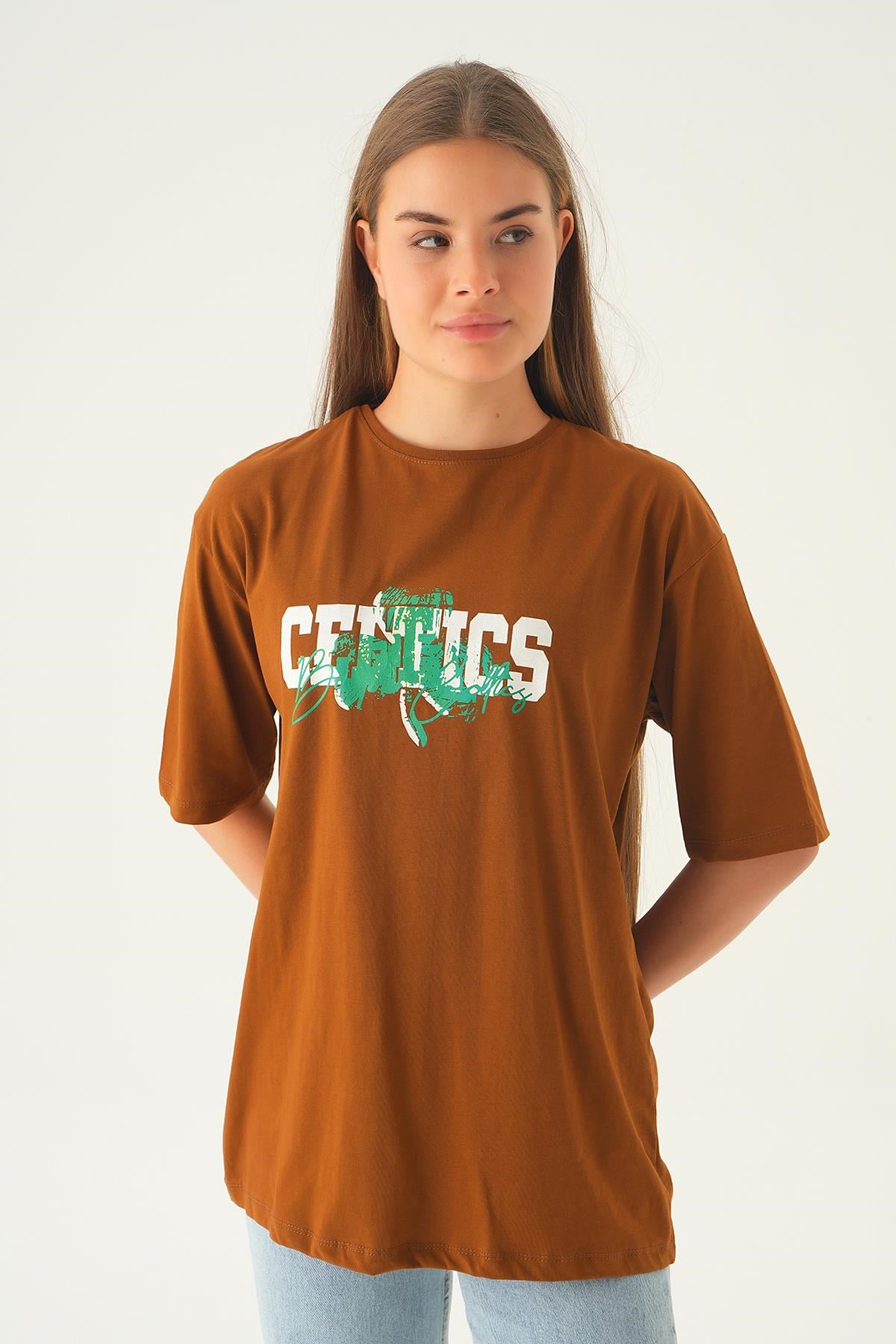 Kahve Celtıcs Baskı Oversize Tişört 1701