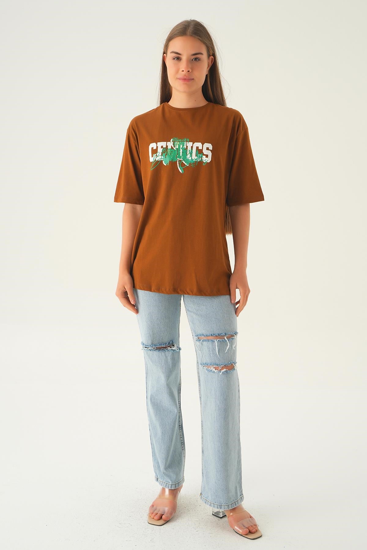 Kahve Celtıcs Baskı Oversize Tişört 1701