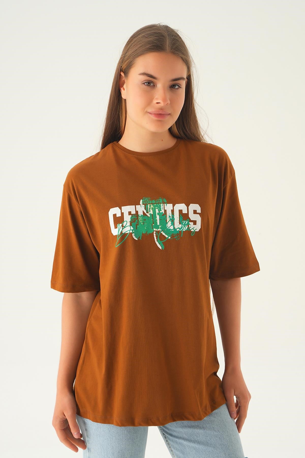 Kahve Celtıcs Baskı Oversize Tişört 1701
