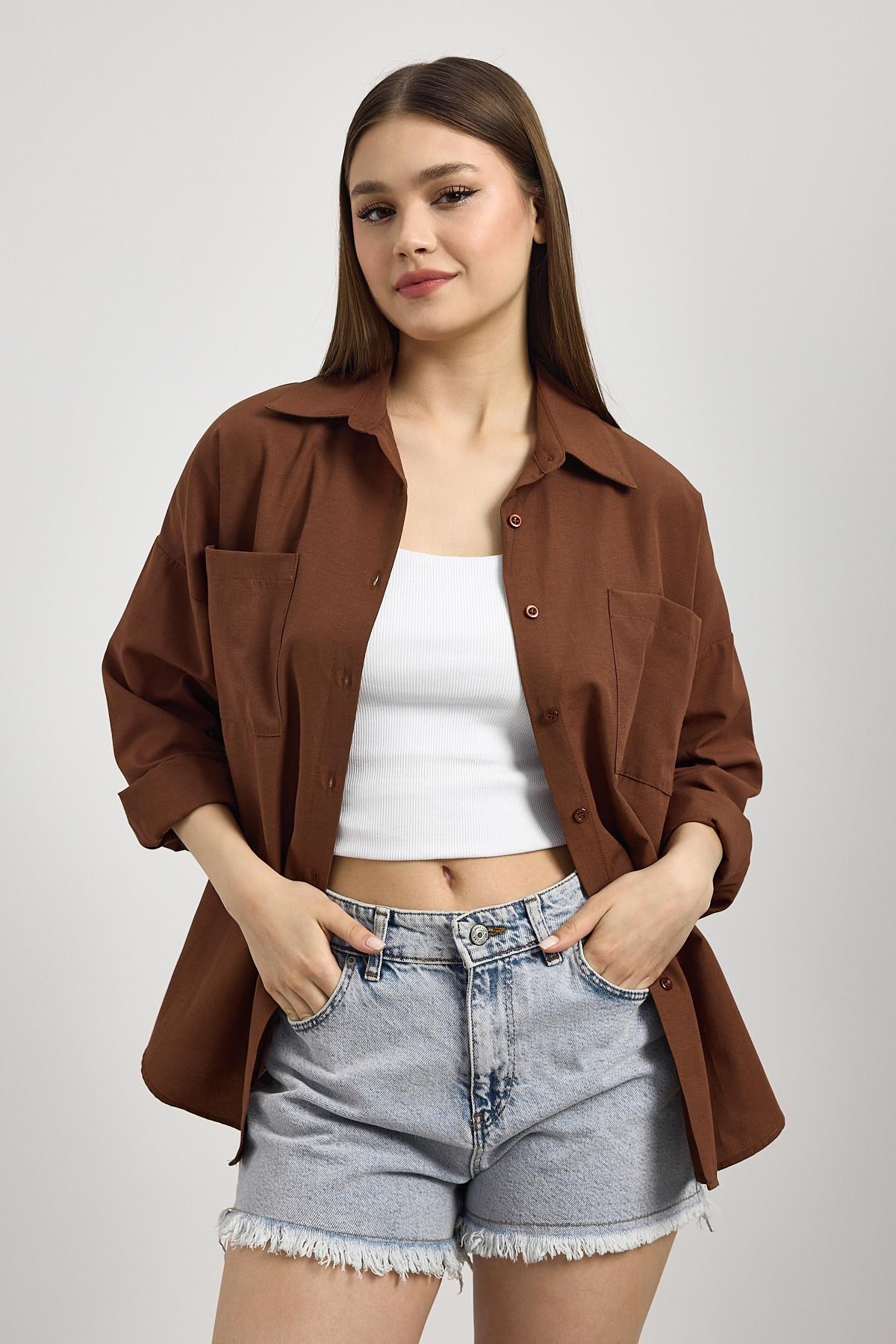 Kahve Çift Cepli Oversize Uzun Basic Gömlek TCR 6256A
