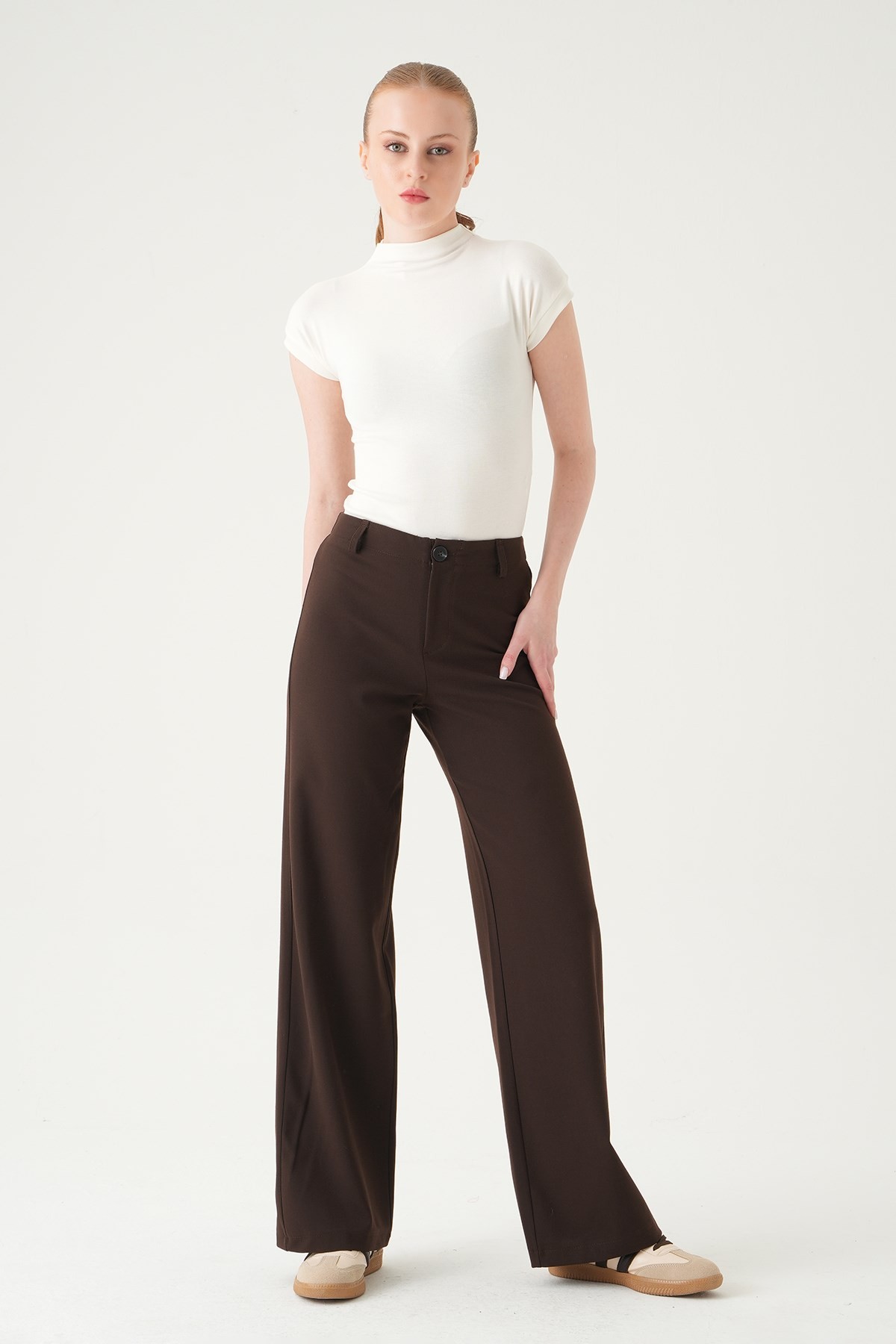 Kahve Düğmeli Geniş Paça Pantolon 8450A