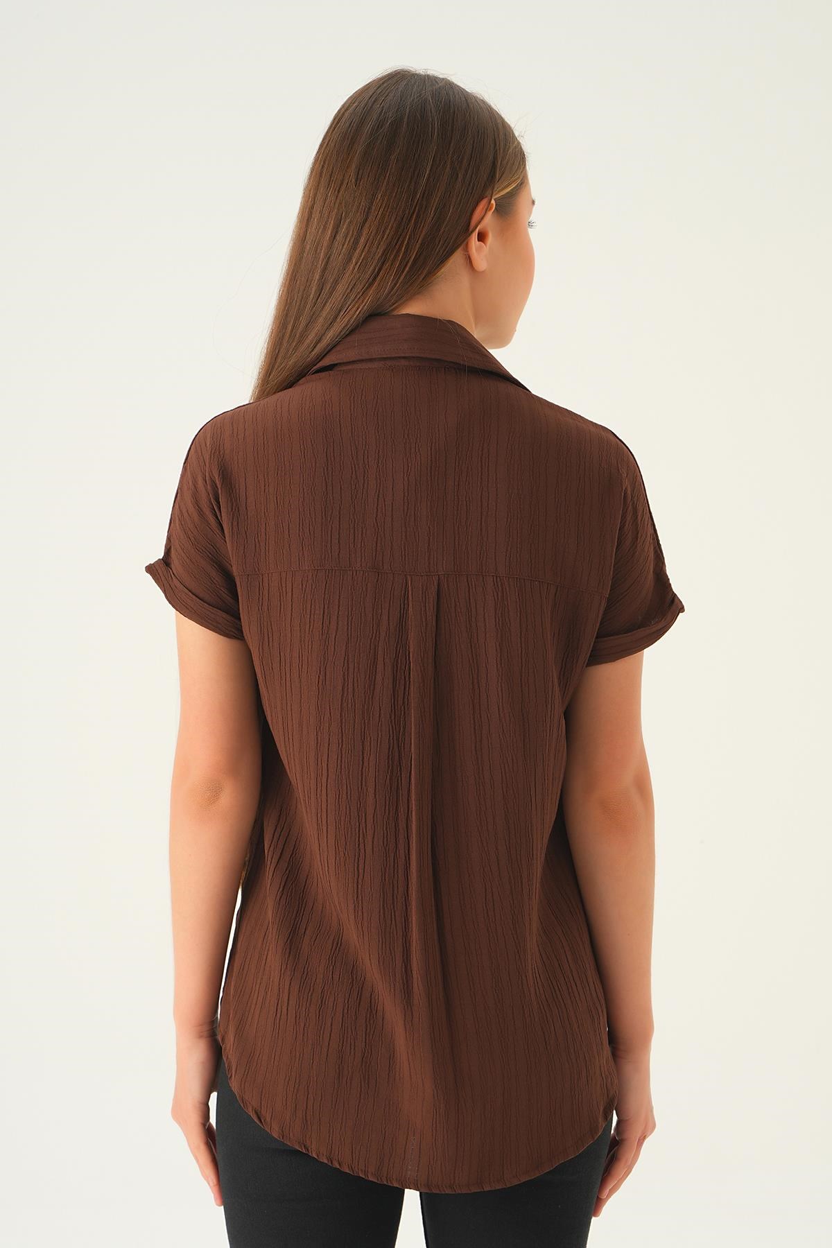 Kahve Kısa Kol Oversize Gömlek 4163A