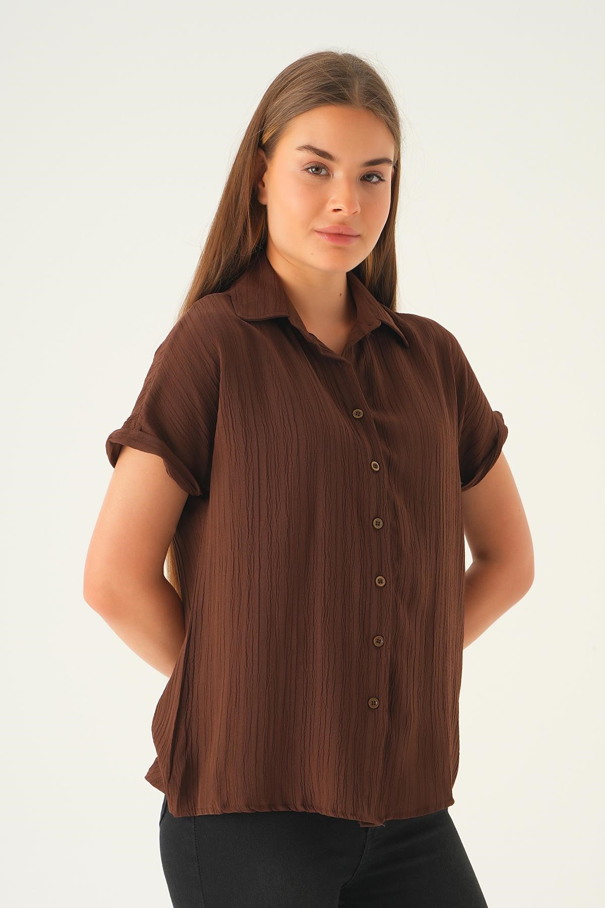 Kahve Kısa Kol Oversize Gömlek 4163A