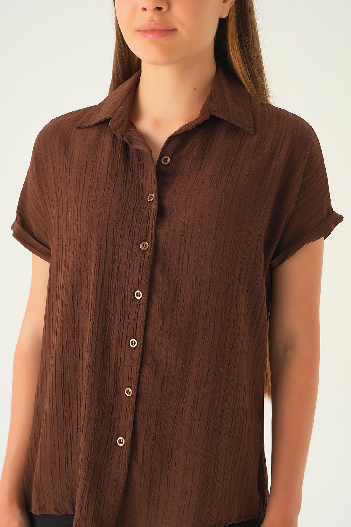 Kahve Kısa Kol Oversize Gömlek 4163A