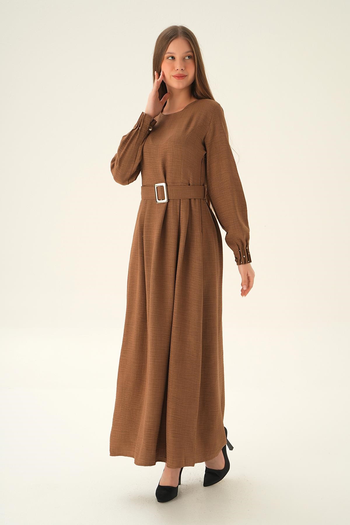 Kahve Kol Drape Detay Kemerli Elbise 2659