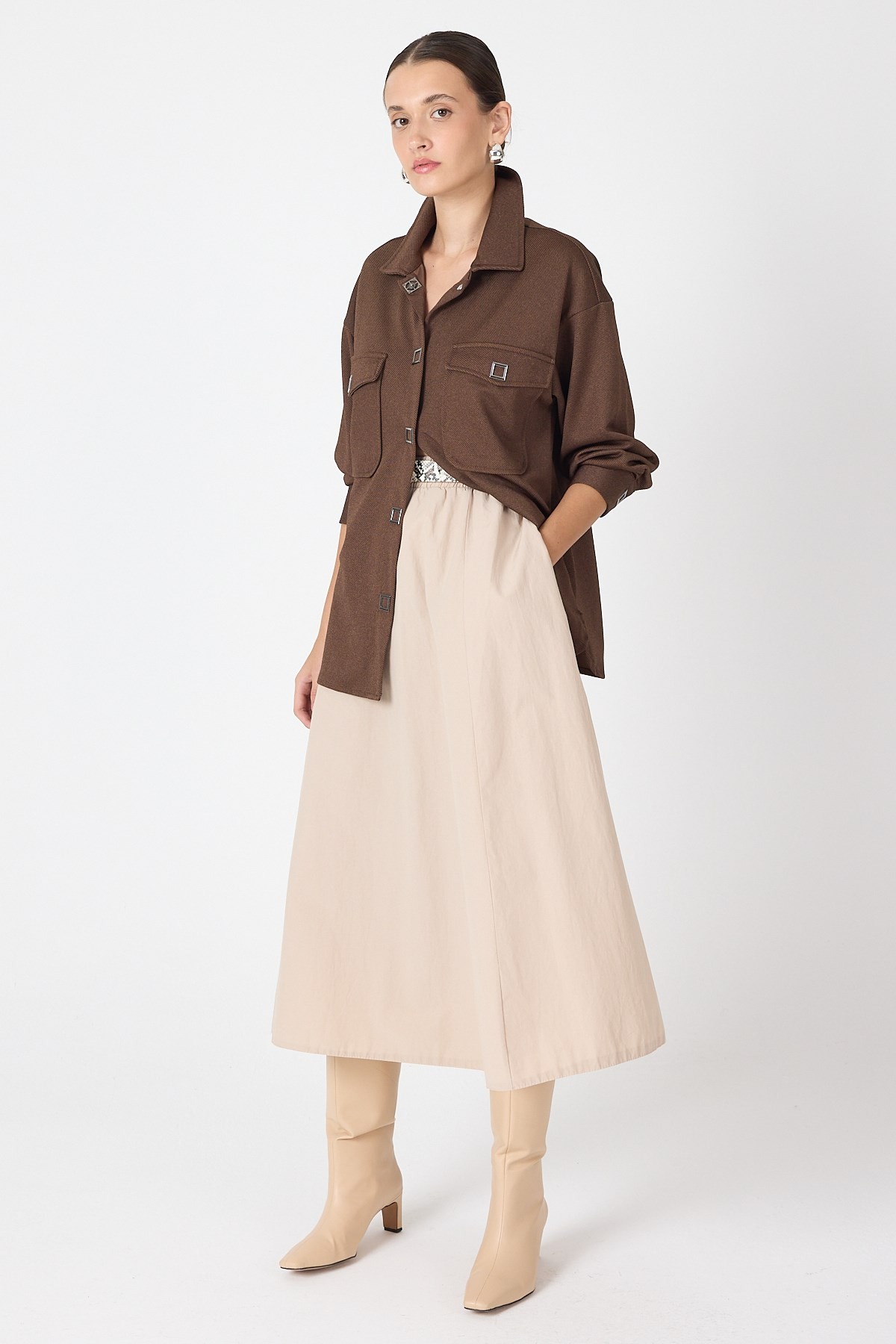 Kahve Oversize Cepli Kadın Gömlek Ceket 8130A