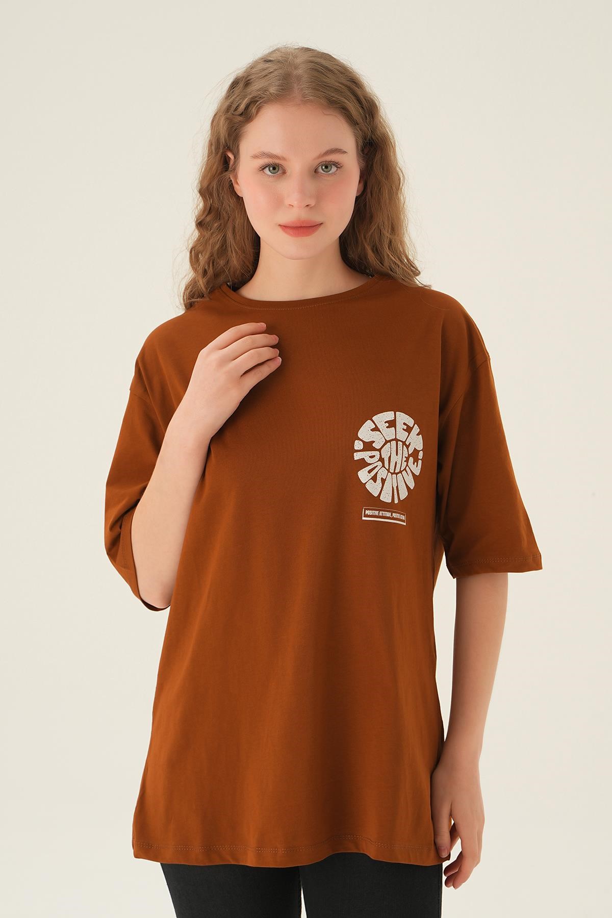 Kahve Posıtıve Baskı Oversize Tişört 1698