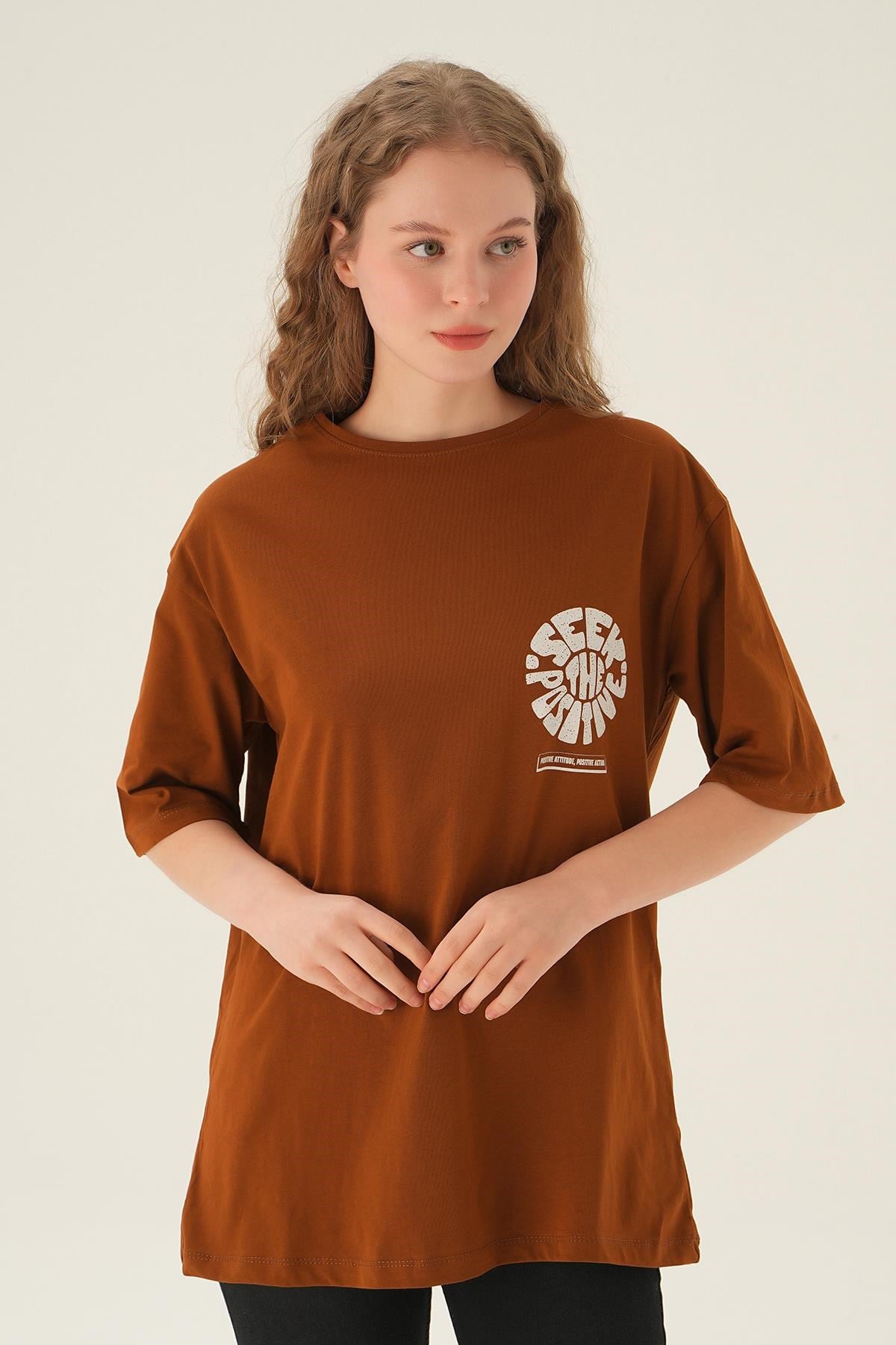 Kahve Posıtıve Baskı Oversize Tişört 1698