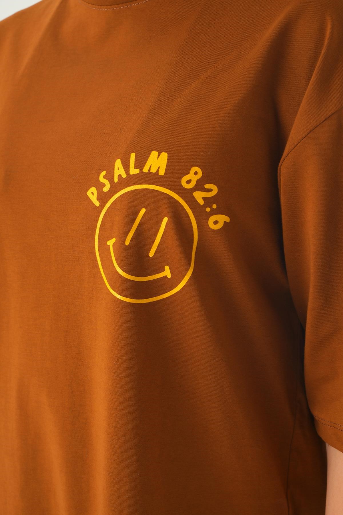 Kahve Psalm Baskı Oversize Tişört 1702
