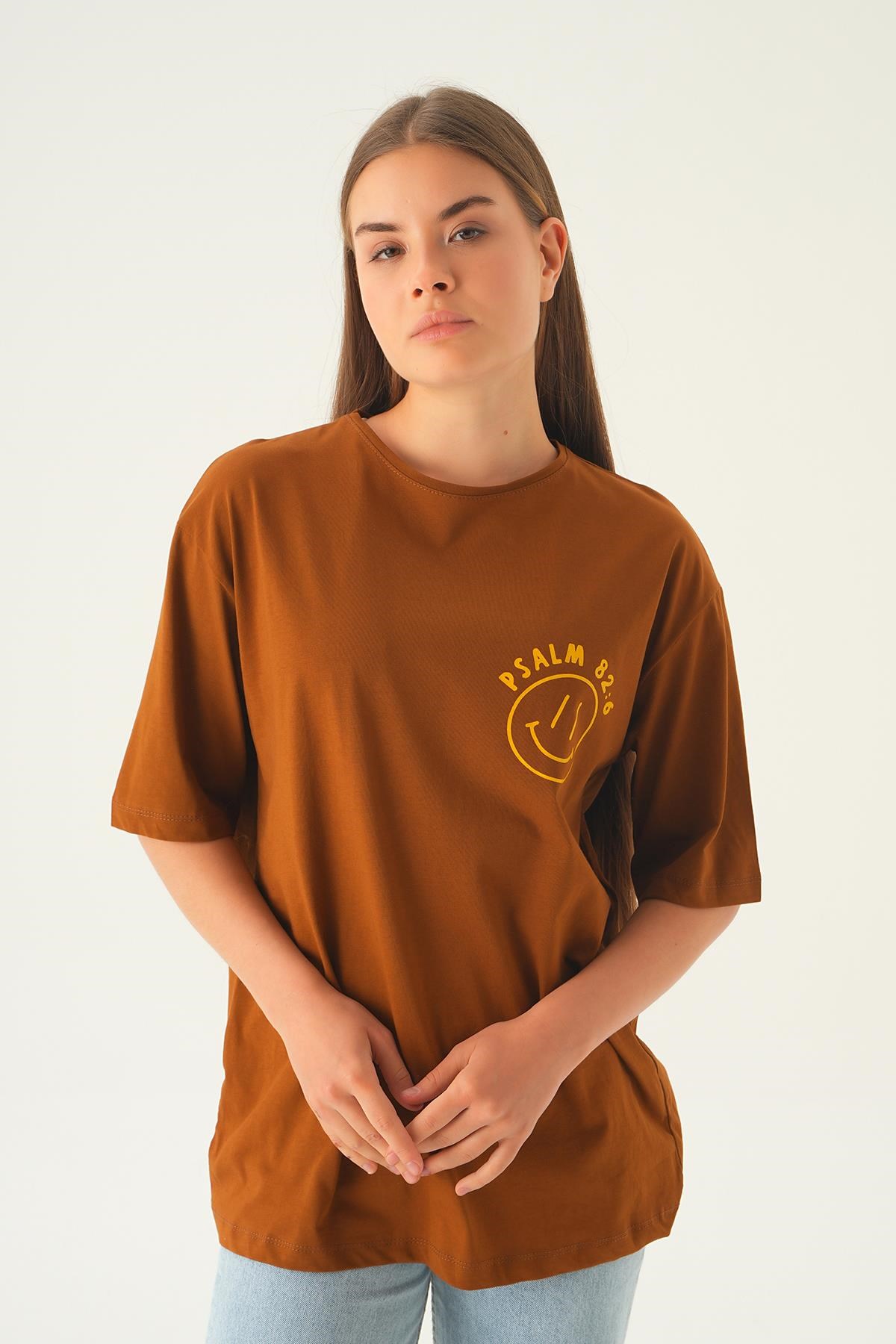 Kahve Psalm Baskı Oversize Tişört 1702