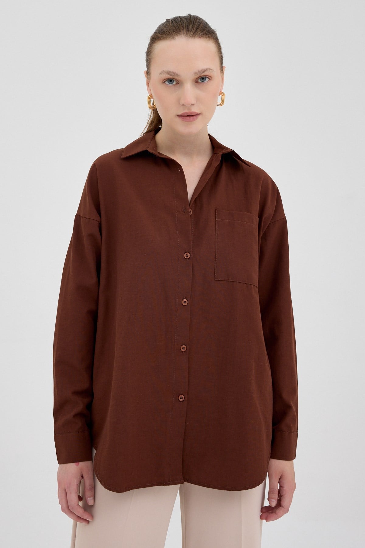 Kahve Tek Cepli Oversize Gömlek 8158A