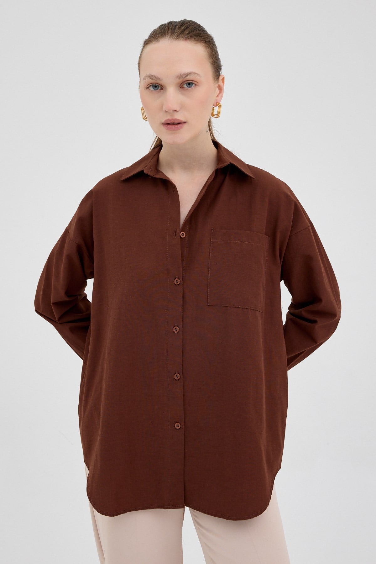 Kahve Tek Cepli Oversize Gömlek 8158A