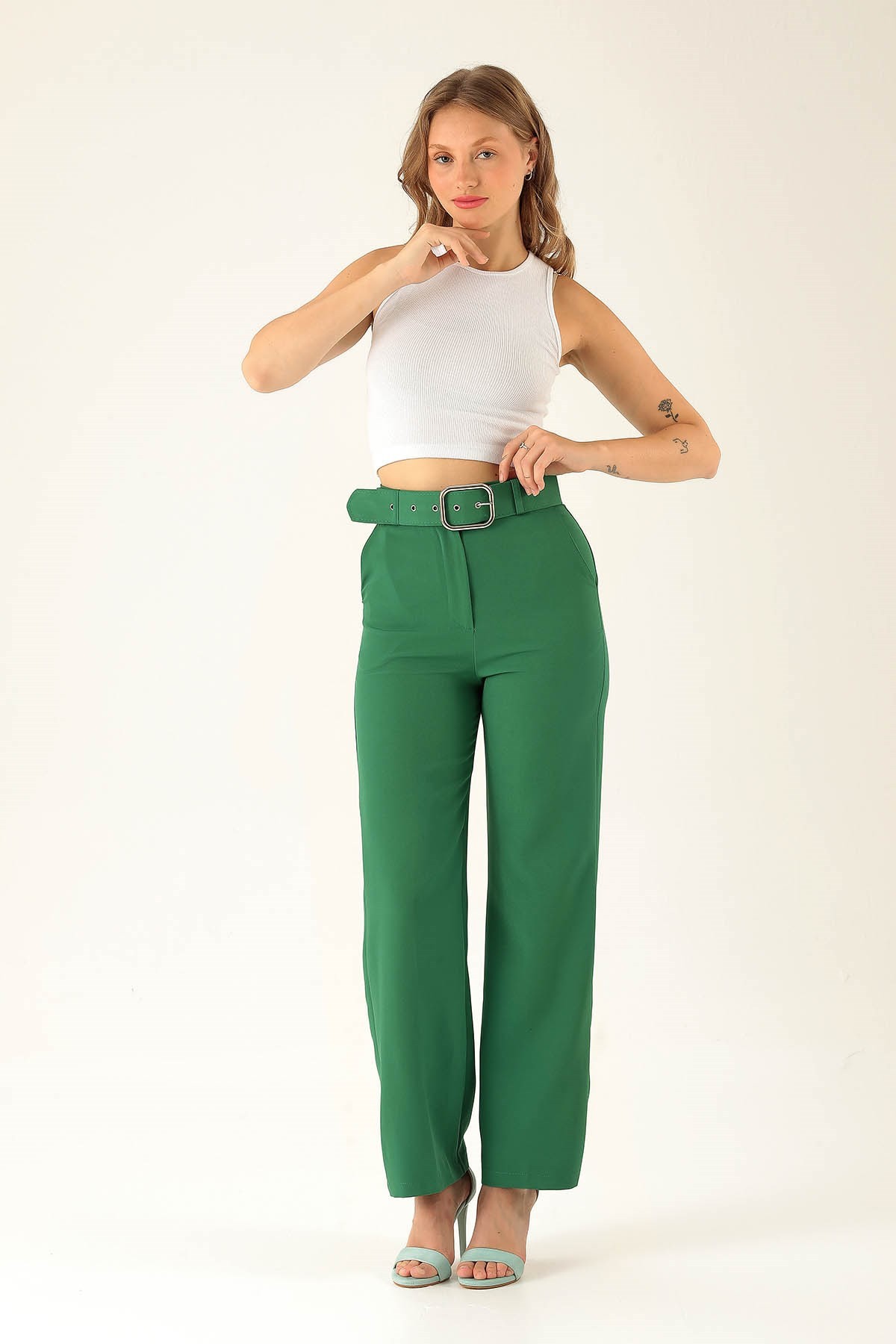 Kalın Bayan Kemer Geniş Paça Bayan Pantolon - 6406A Benetton Yeşili
