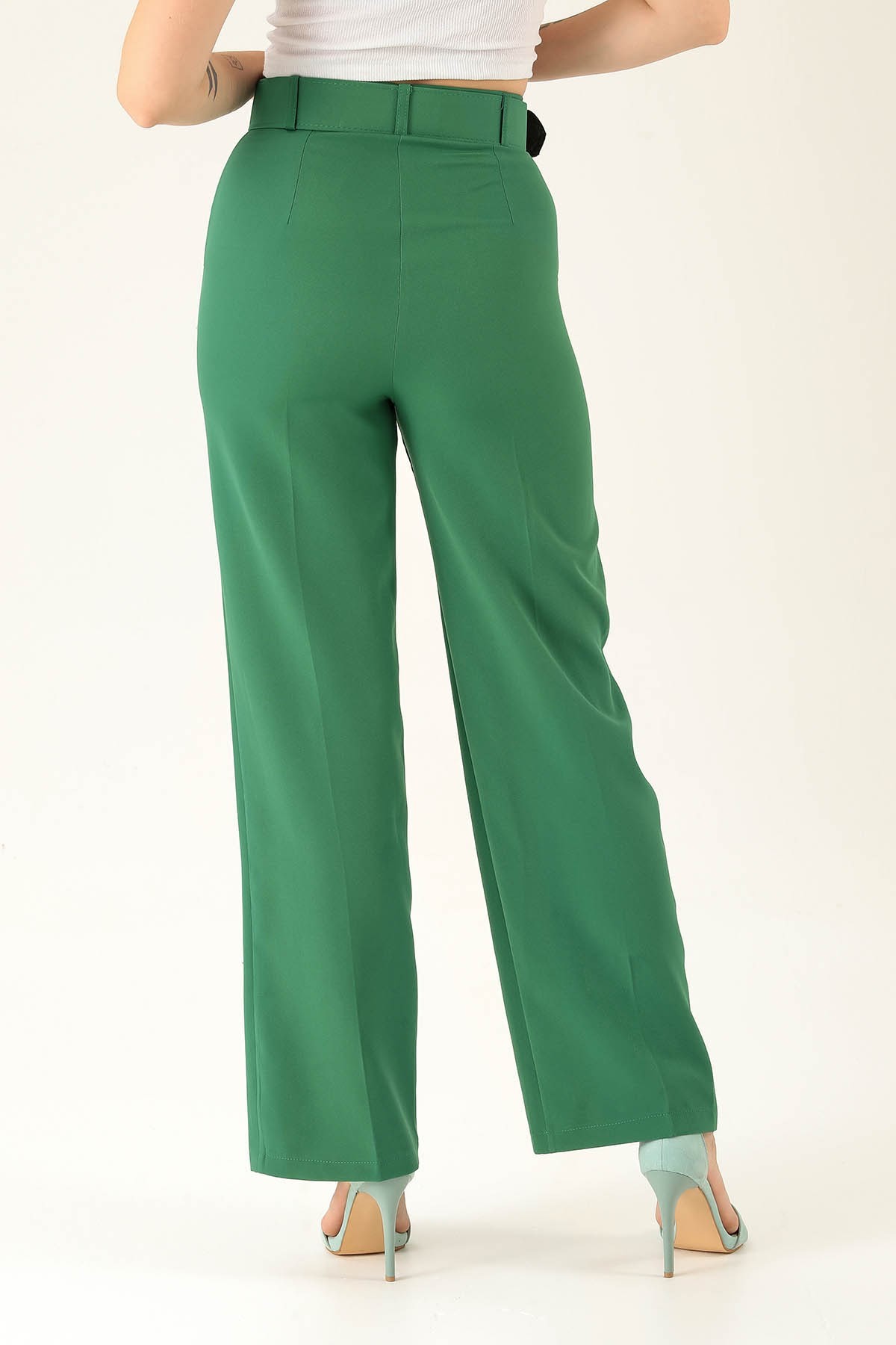 Kalın Bayan Kemer Geniş Paça Bayan Pantolon - 6406A Benetton Yeşili
