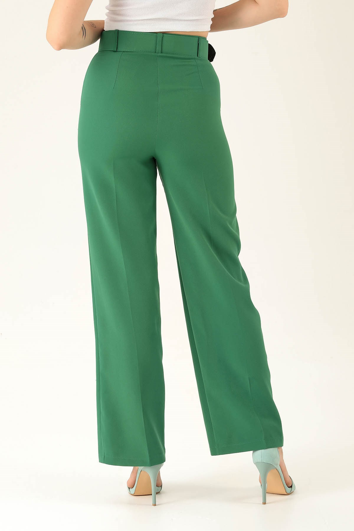 Kalın Bayan Kemer Geniş Paça Bayan Pantolon - 6406A Benetton Yeşili
