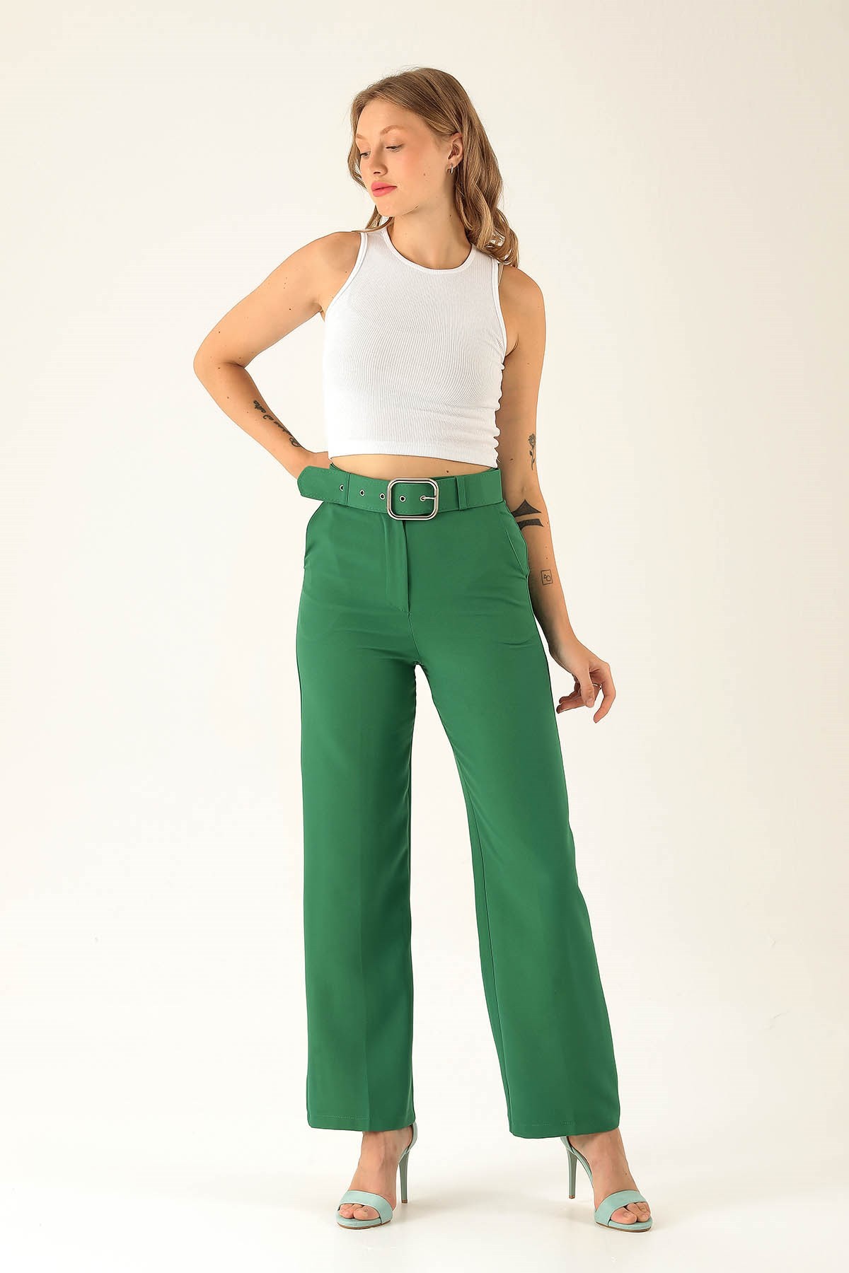Kalın Bayan Kemer Geniş Paça Bayan Pantolon - 6406A Benetton Yeşili