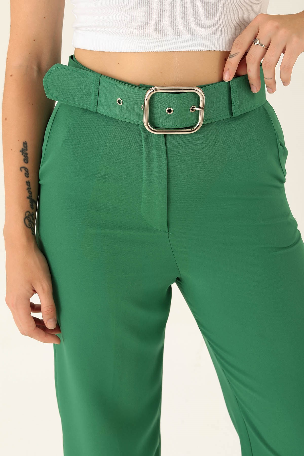 Kalın Bayan Kemer Geniş Paça Bayan Pantolon - 6406A Benetton Yeşili