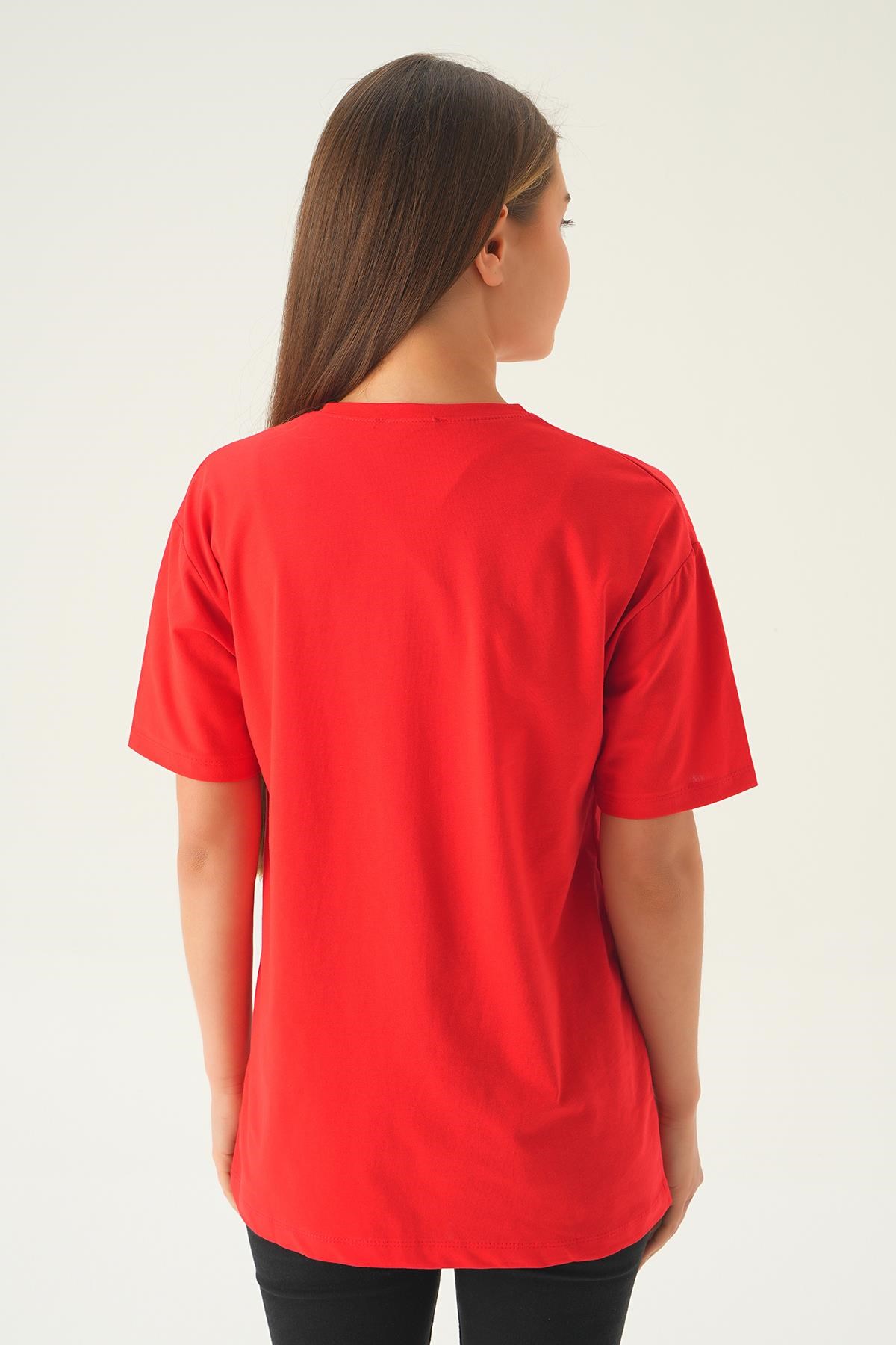 Kırmızı Baskılı Oversize Tişört 1716