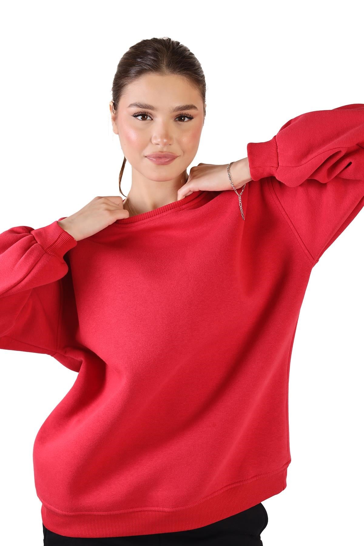 Kırmızı Bisiklet Yaka Oversize Sweat 3183