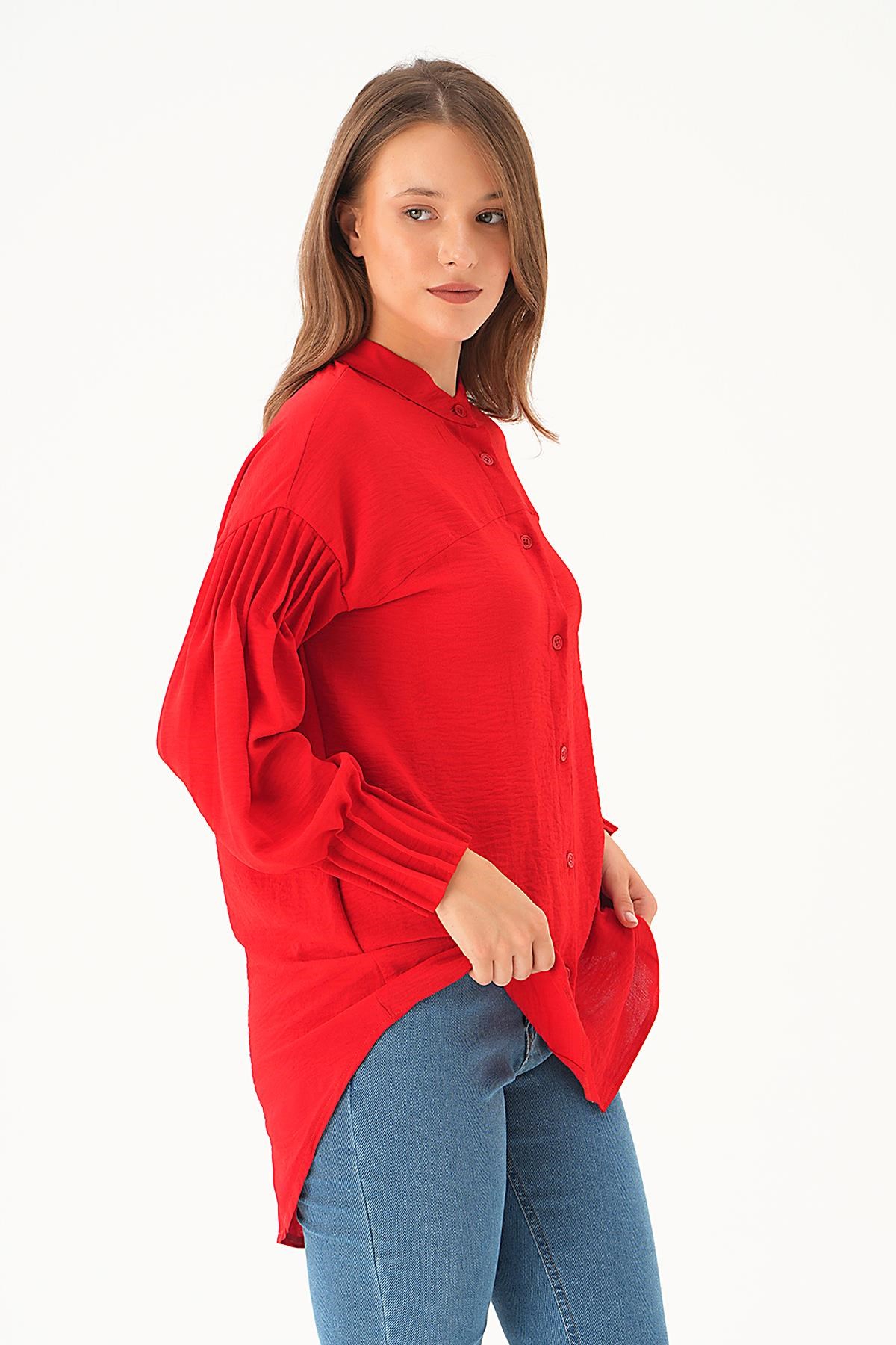 Kırmızı Kol Drape Detay Gömlek 4098A