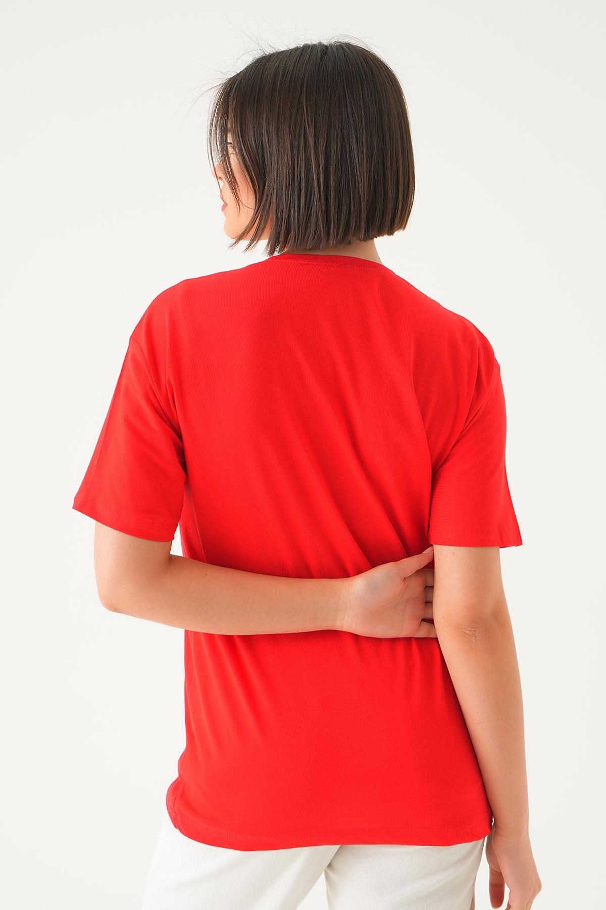 Kırmızı Mode On Baskı Oversize Tişört 1721