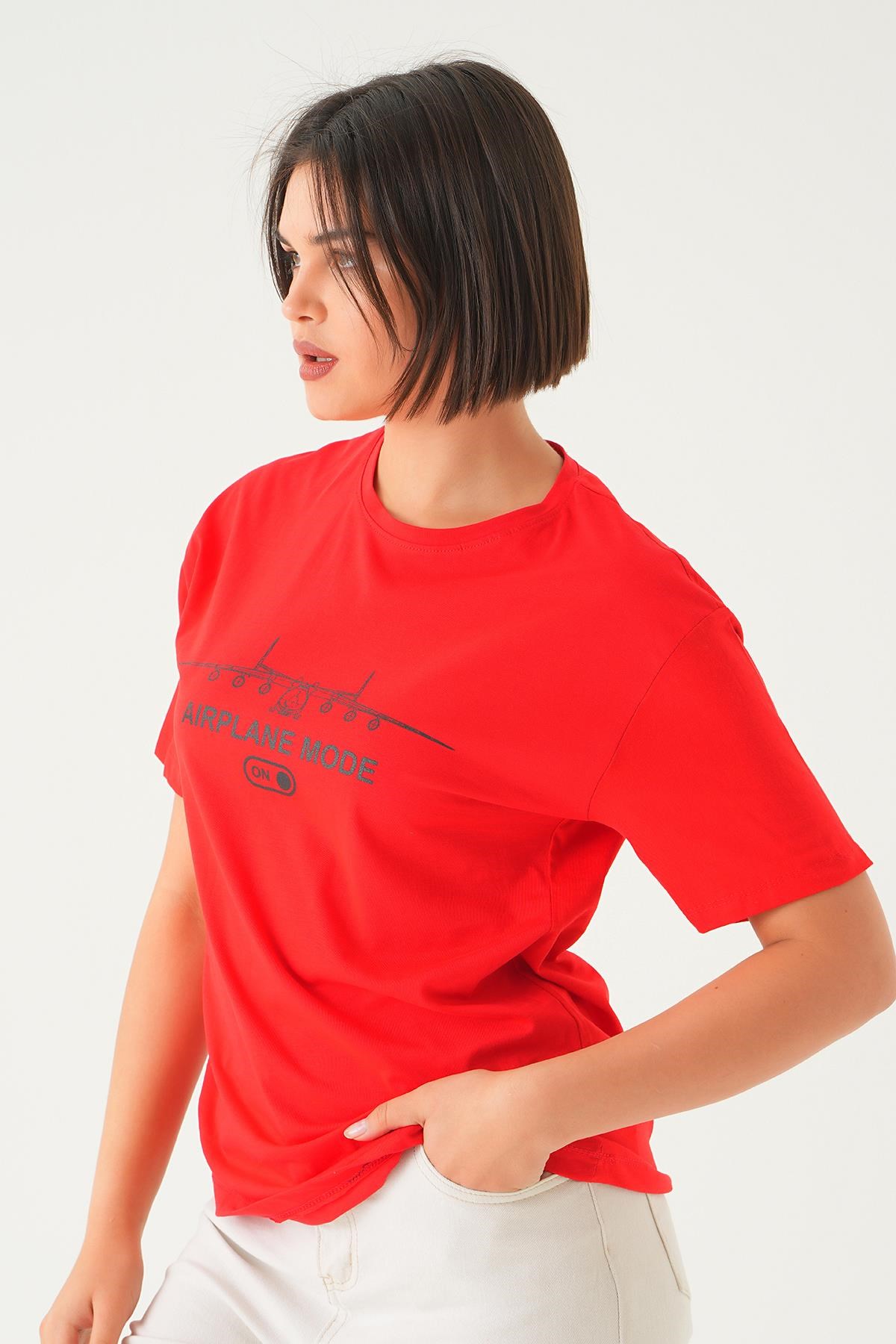 Kırmızı Mode On Baskı Oversize Tişört 1721