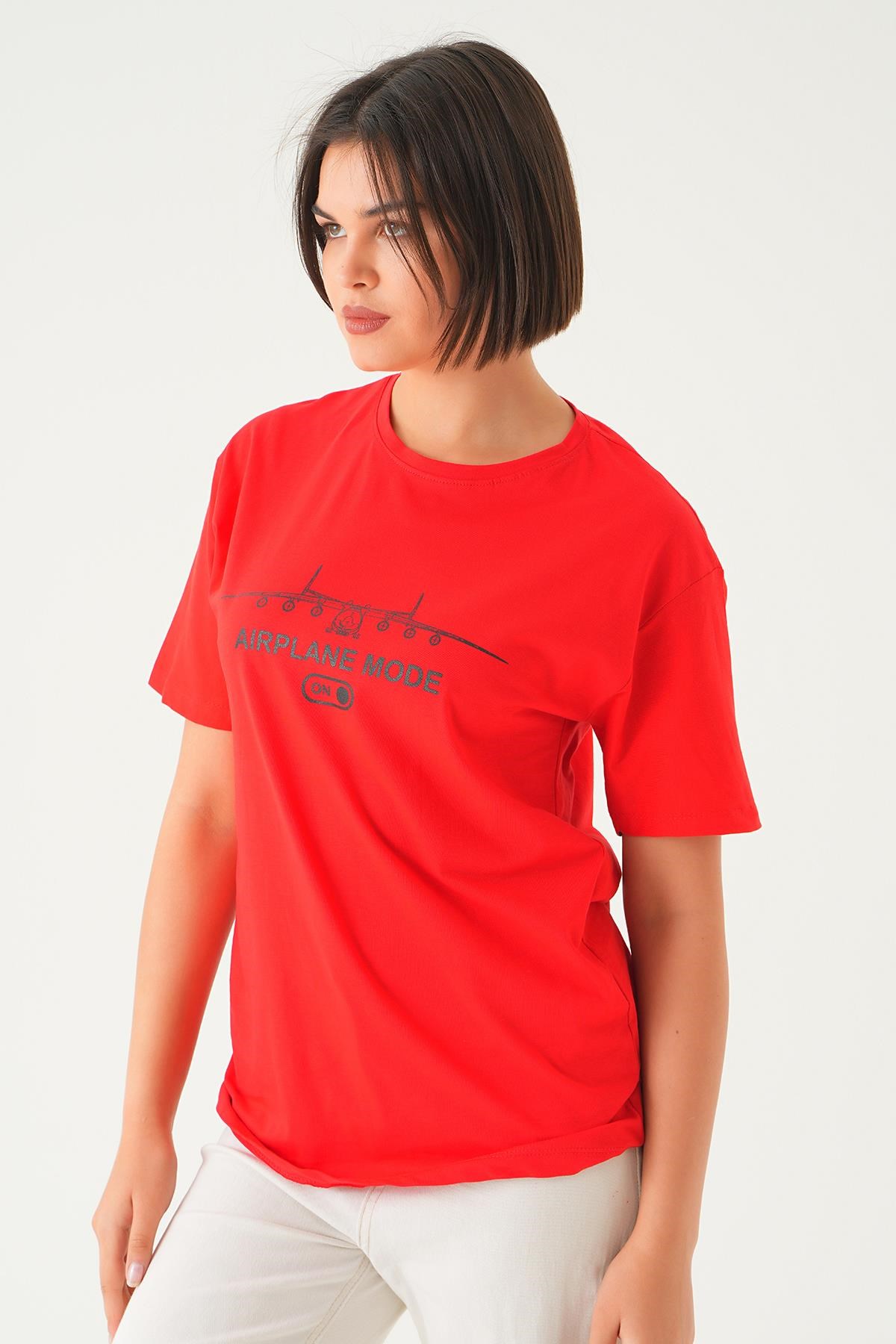 Kırmızı Mode On Baskı Oversize Tişört 1721