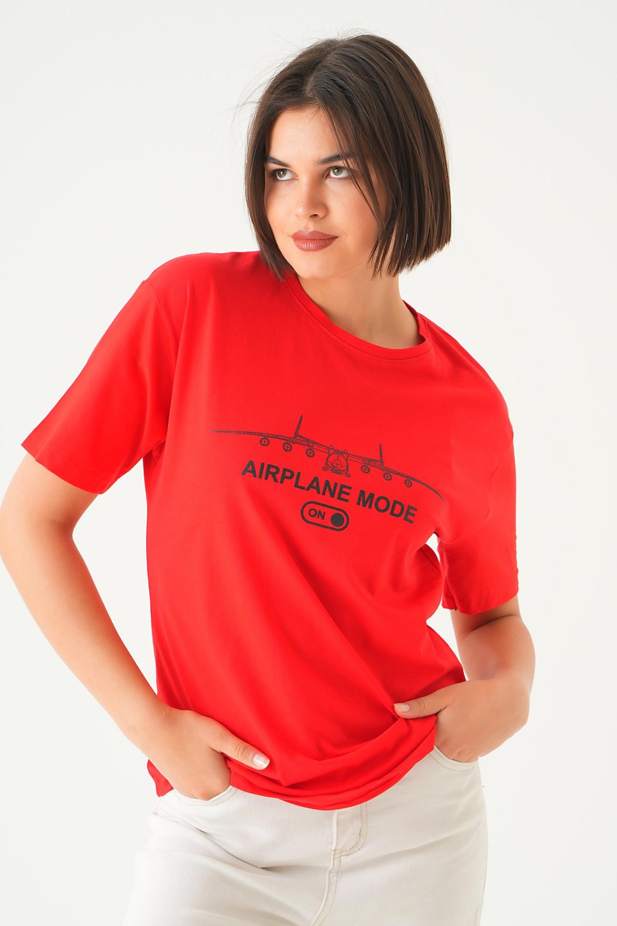 Kırmızı Mode On Baskı Oversize Tişört 1721