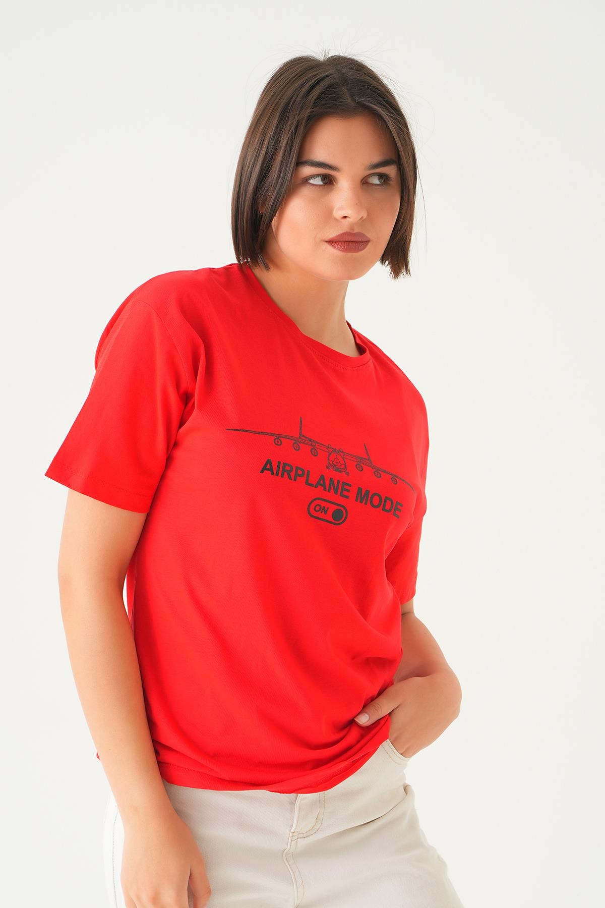 Kırmızı Mode On Baskı Oversize Tişört 1721