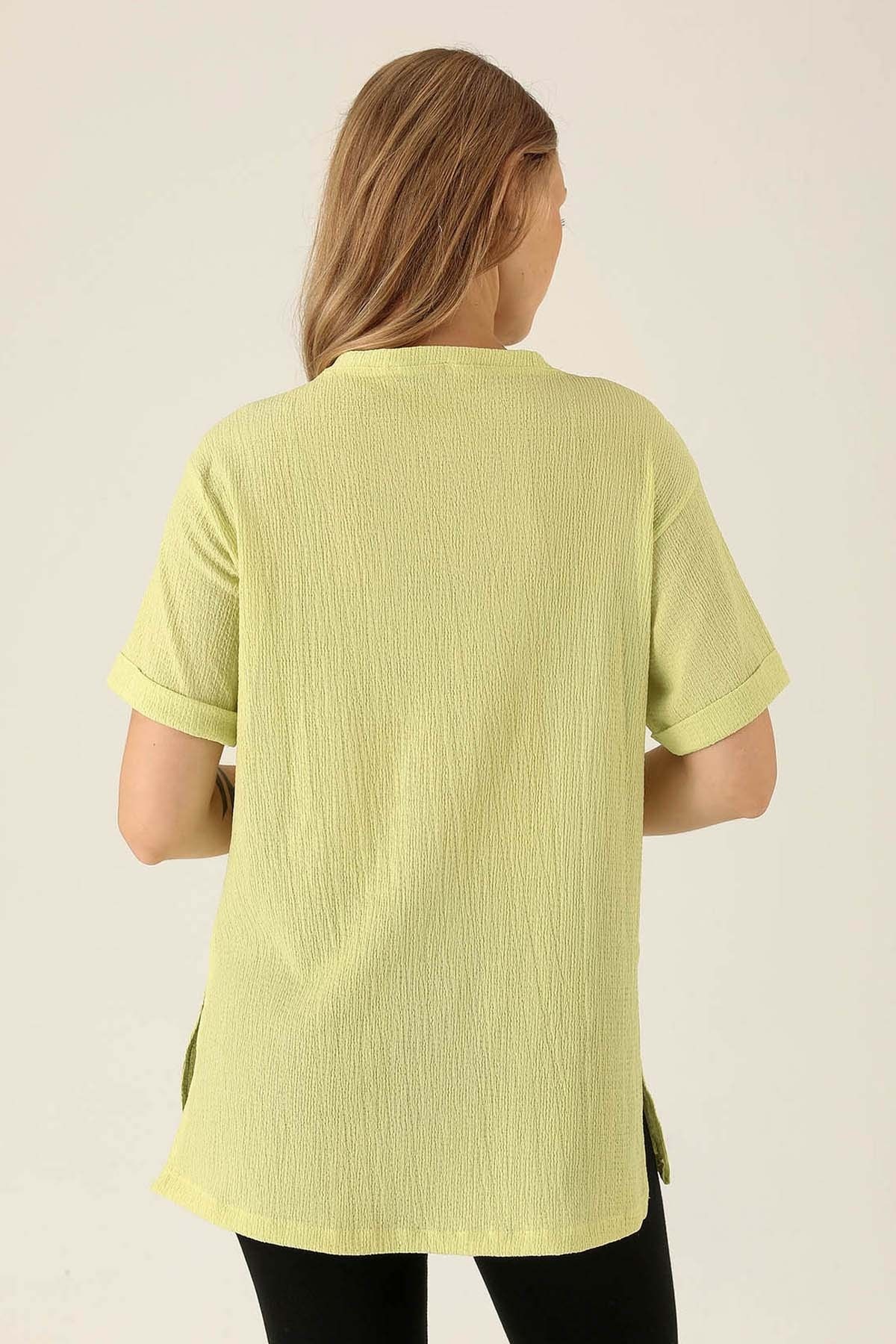 Kol Katlama Oversize Bayan Bluz - 6834A Fıstık Yeşili