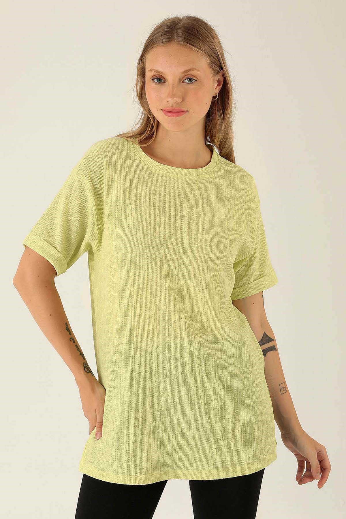 Kol Katlama Oversize Bayan Bluz - 6834A Fıstık Yeşili