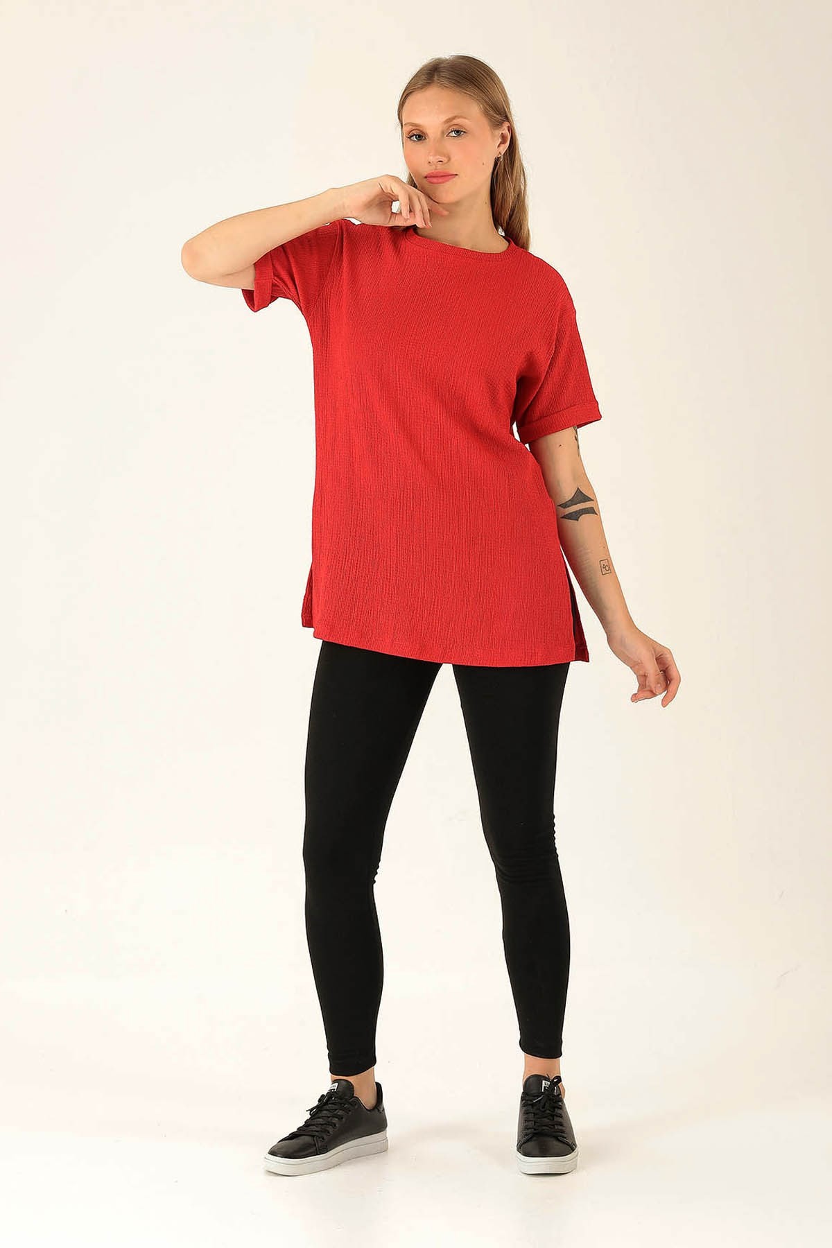 Kol Katlama Oversize Bayan Bluz - 6834A Kırmızı