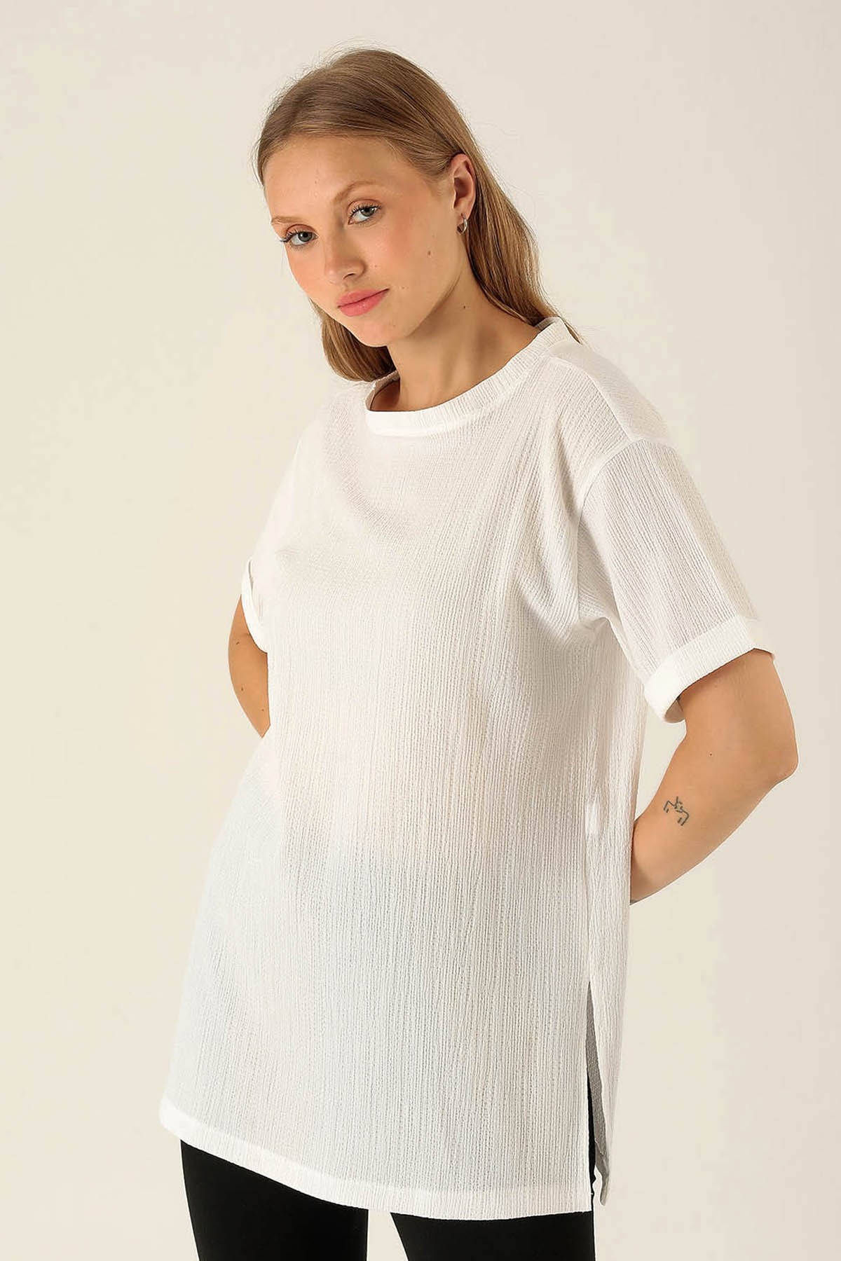 Kol Katlama Oversize Bayan Bluz - 6834A Beyaz
