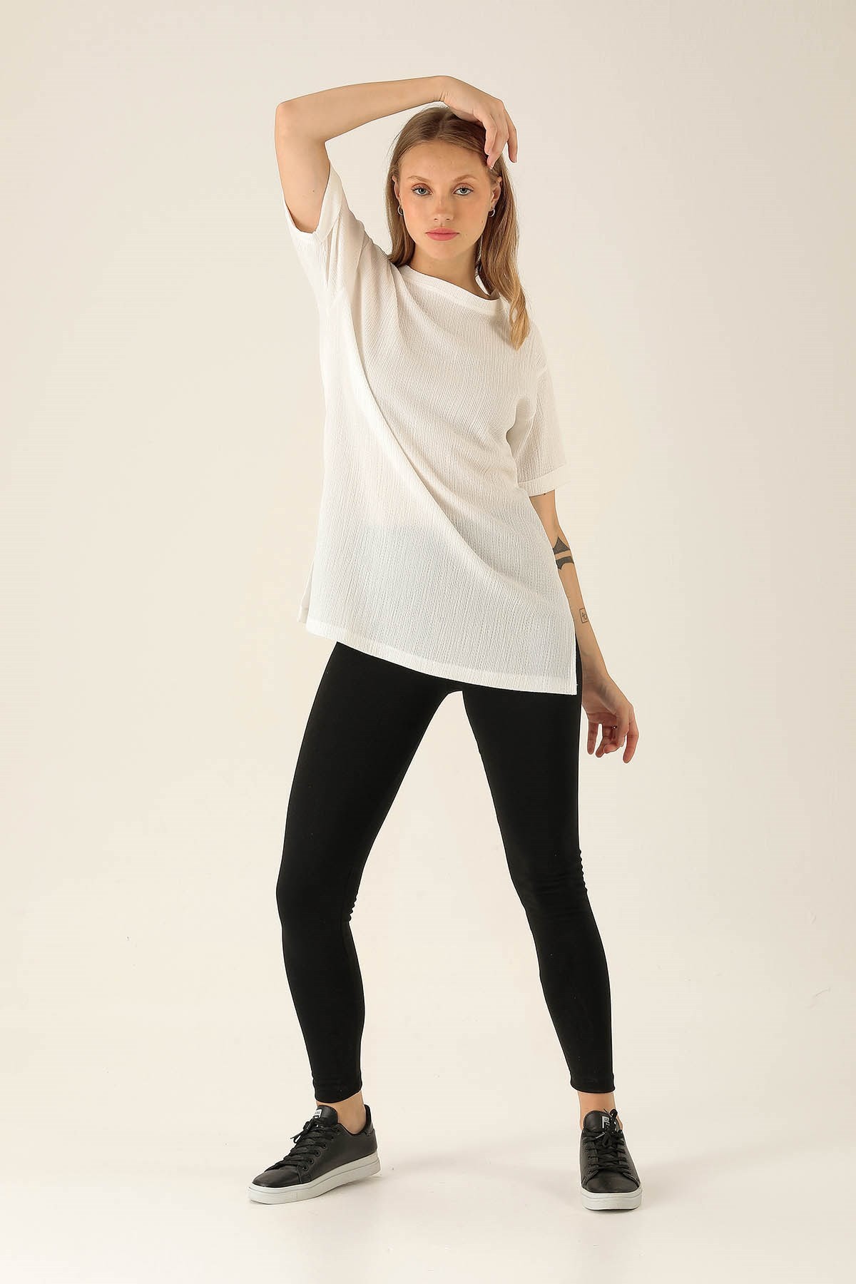 Kol Katlama Oversize Bayan Bluz - 6834A Beyaz