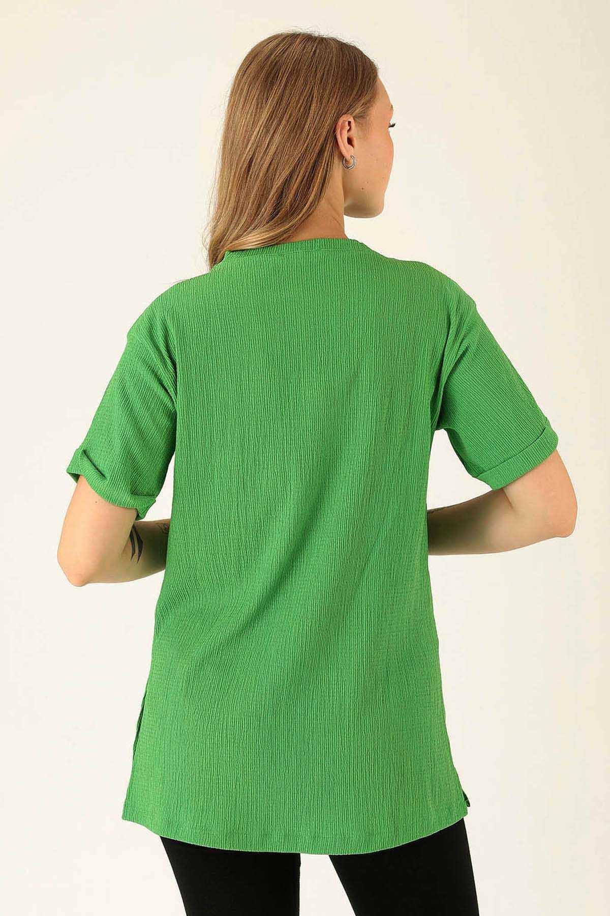 Kol Katlama Oversize Bayan Bluz - 6834A Benetton Yeşili