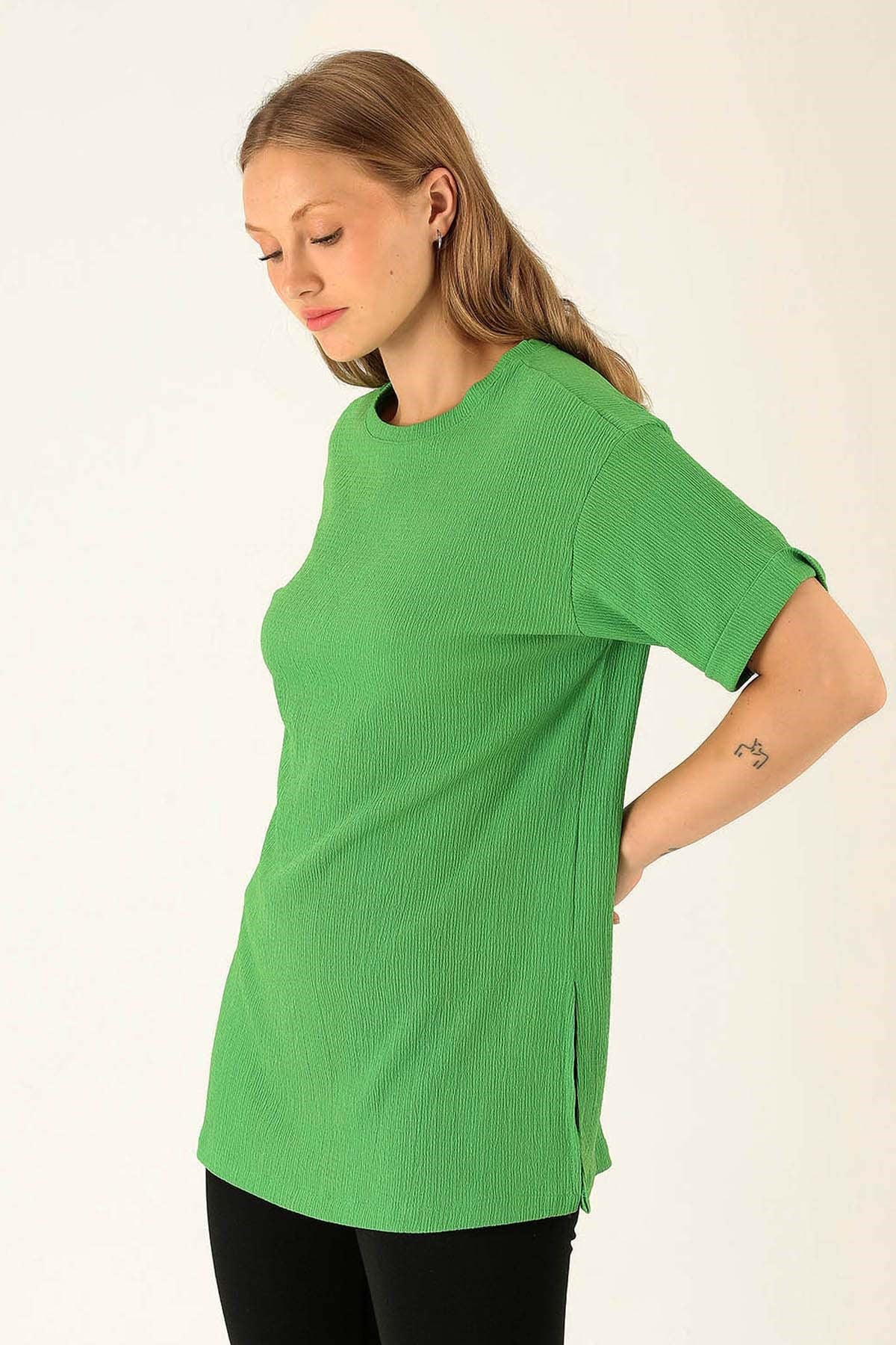 Kol Katlama Oversize Bayan Bluz - 6834A Benetton Yeşili