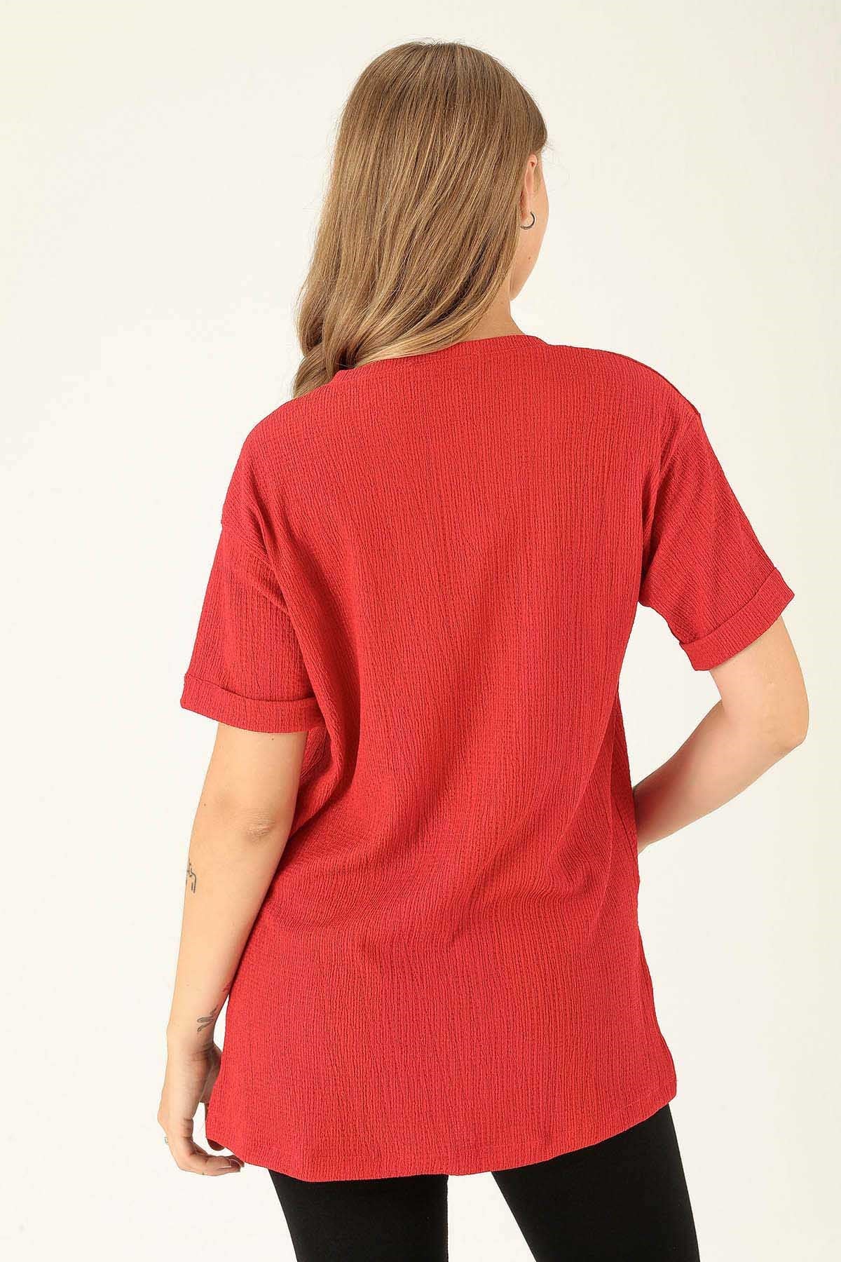 Kol Katlama Oversize Bayan Bluz - 6834A Kırmızı