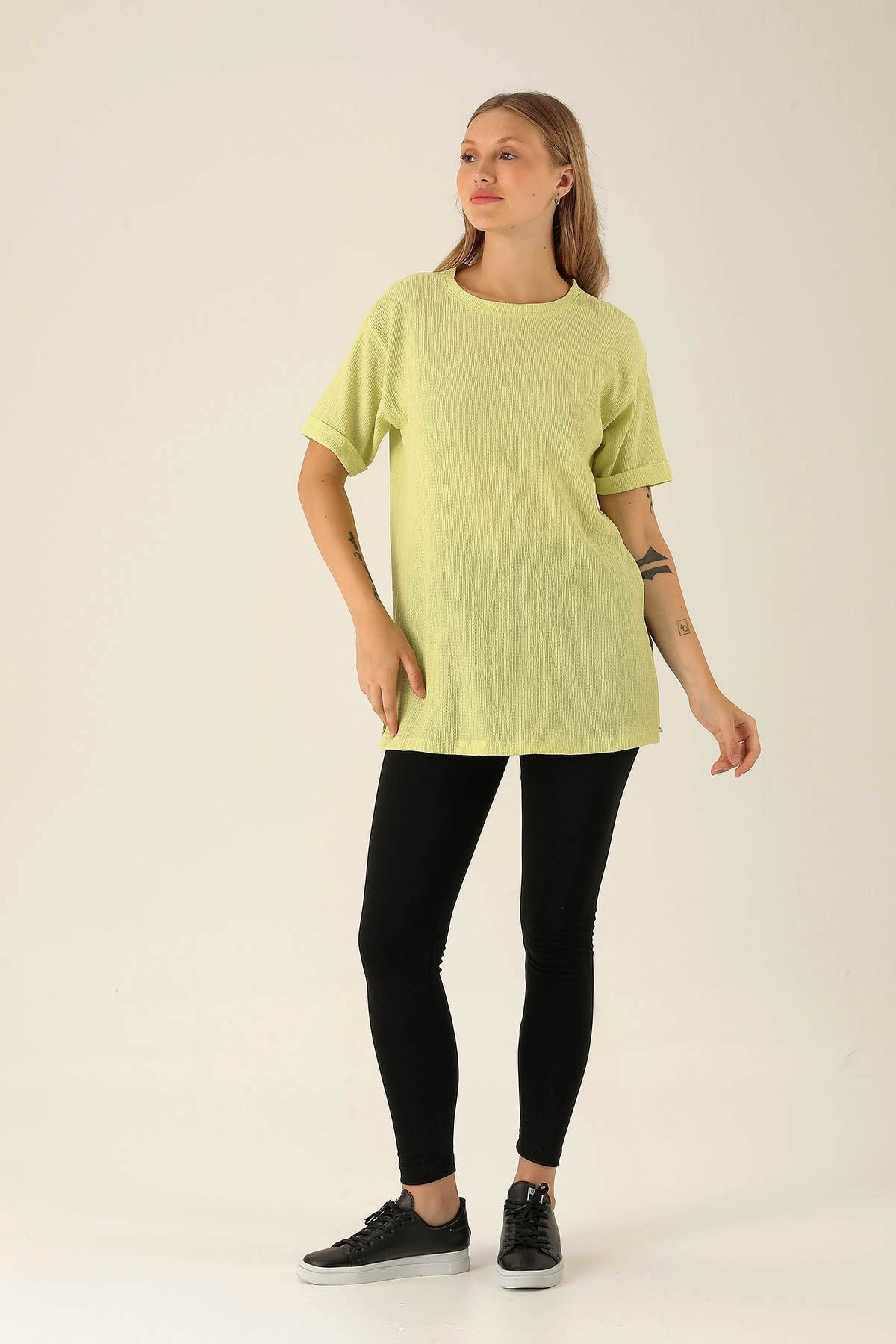 Kol Katlama Oversize Bayan Bluz - 6834A Fıstık Yeşili